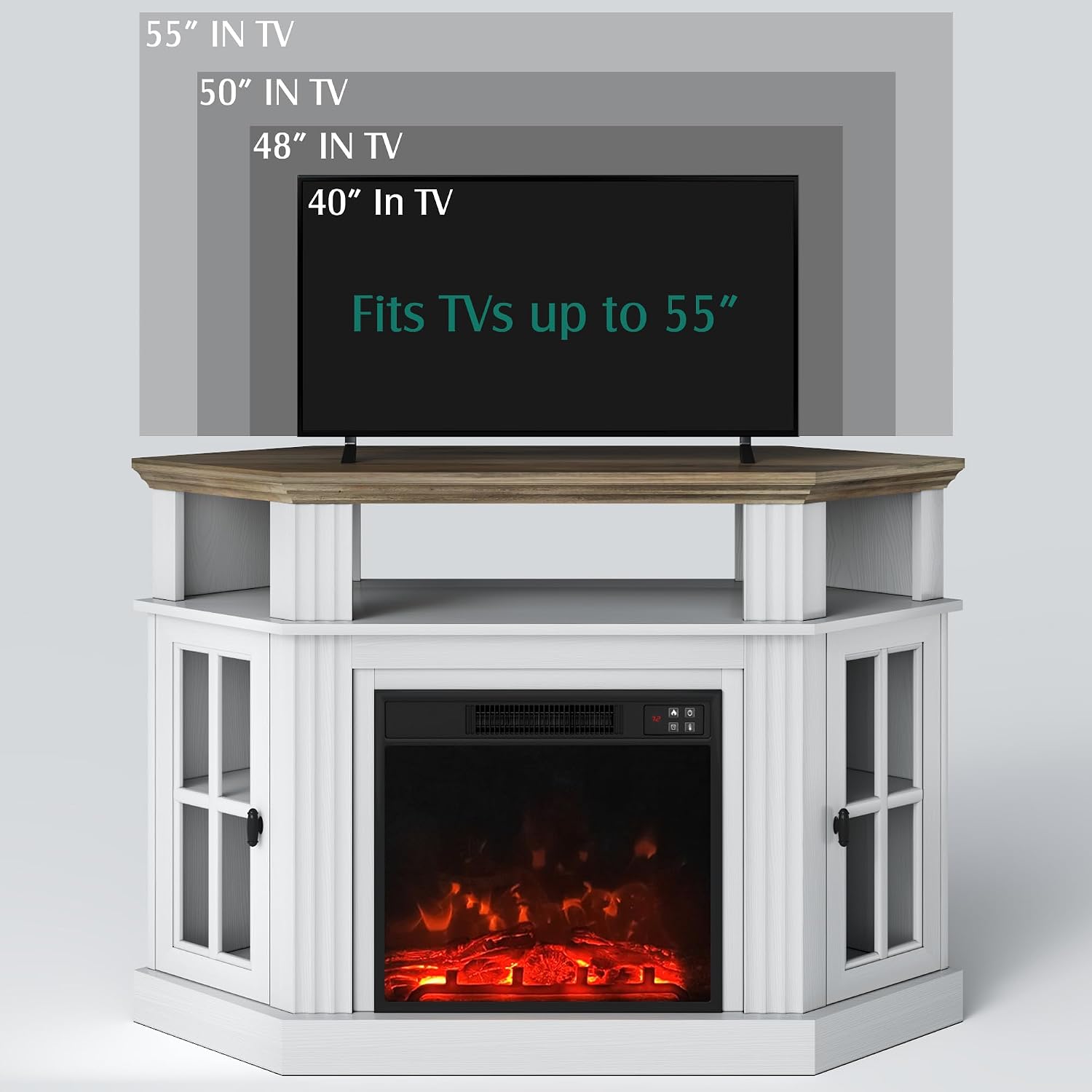 YESHOMY Corner Fireplace TV Stand for Television up to 55' with Storage Cabinets, Entertainment Center, Media Console for Living Room, Bedroom, White＆Rustic