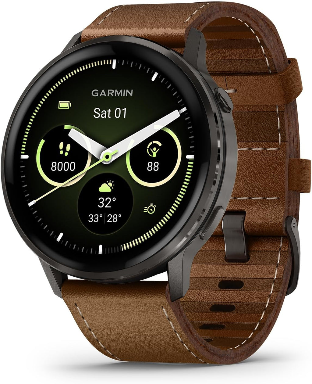 Garmin Venu 4, 45mm, Advanced Fitness Tracker GPS Smartwatch, 1.4' AMOLED Display, Built-in Flashlight, 12 Days of Battery Life, Slate with Brown Leather Band (Watch Bundle)