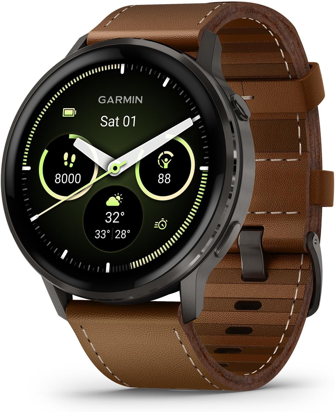 Garmin Venu 4, 45mm, Advanced Fitness Tracker GPS Smartwatch, 1.4' AMOLED Display, Built-in Flashlight, 12 Days of Battery Life, Slate with Brown Leather Band (Watch Bundle)