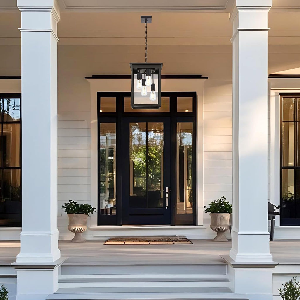 4-Light Large Outdoor Pendant Light Fixtures Oil Rubbed Bronze, Adjustable Height Outdoor Ceiling Light, Exterior Hanging Light Fixture for Patio Yard Front, E26 Base Hanging Porch Light