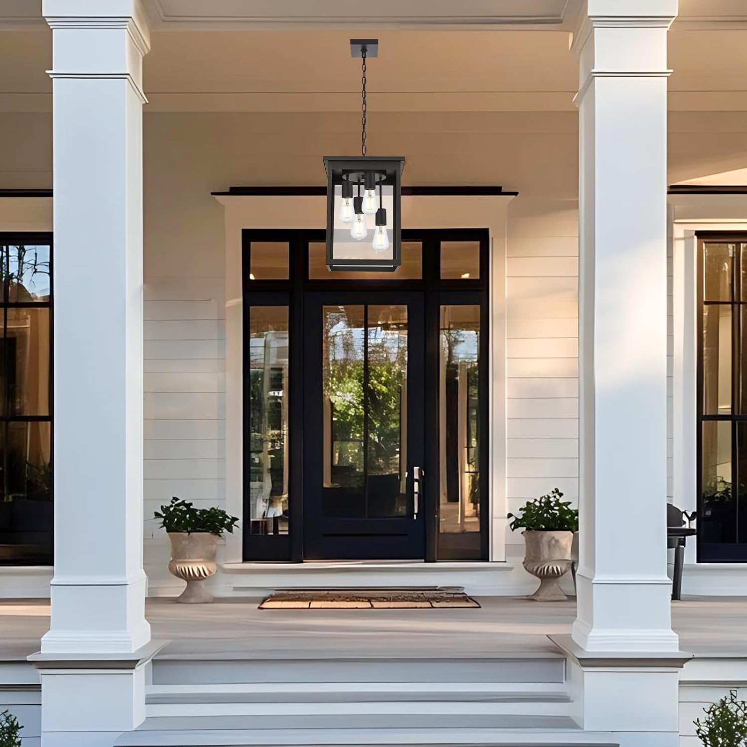 4-Light Large Outdoor Pendant Light Fixtures Oil Rubbed Bronze, Adjustable Height Outdoor Ceiling Light, Exterior Hanging Light Fixture for Patio Yard Front, E26 Base Hanging Porch Light