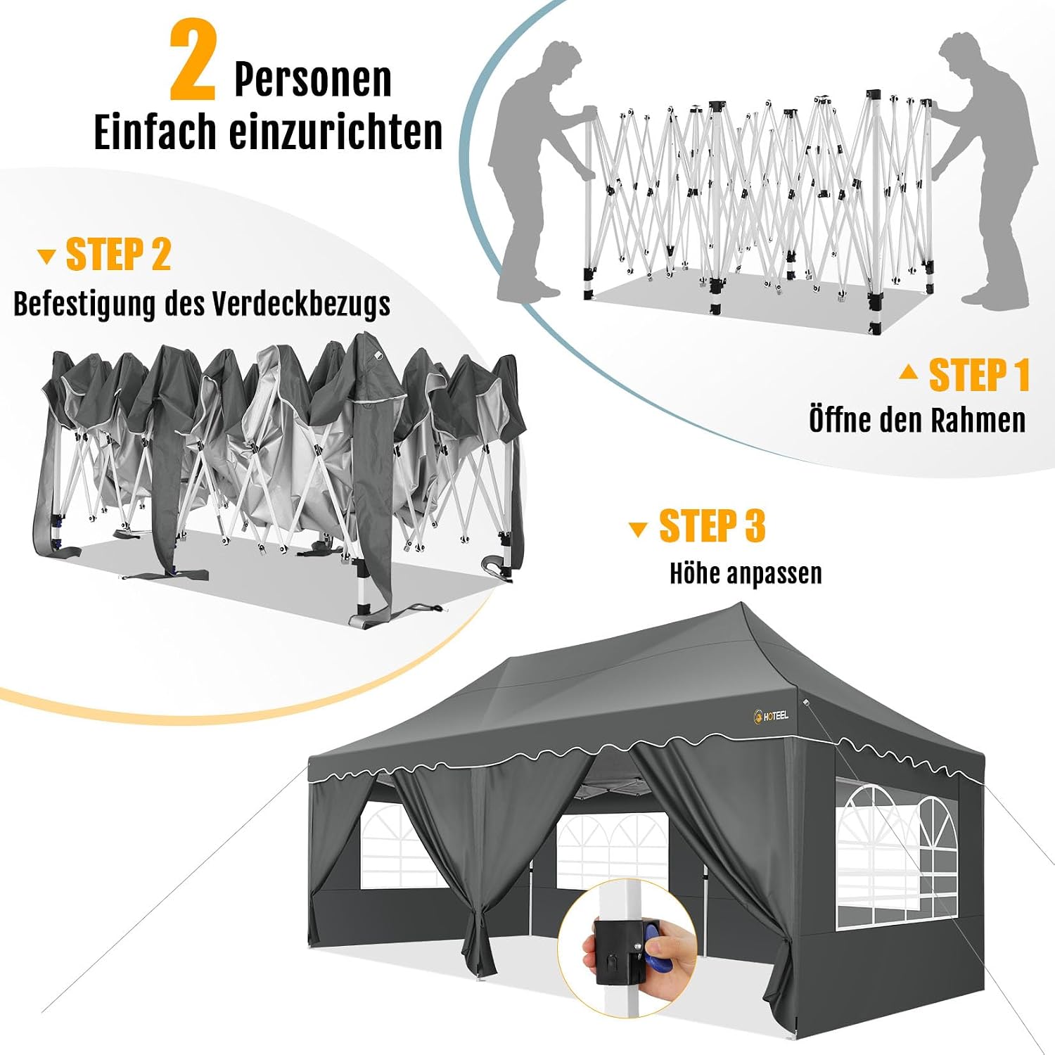 HOTEEL 10x20 Pop up Canopy Tent with 6 Removable Sidewalls, Wave Hem Roof 10x20 Canopy with Wheel Bag and 4 Sandbag, Commercial Pop up Tent Waterproof Sunshade for Market Wedding Party Stall (Grey)