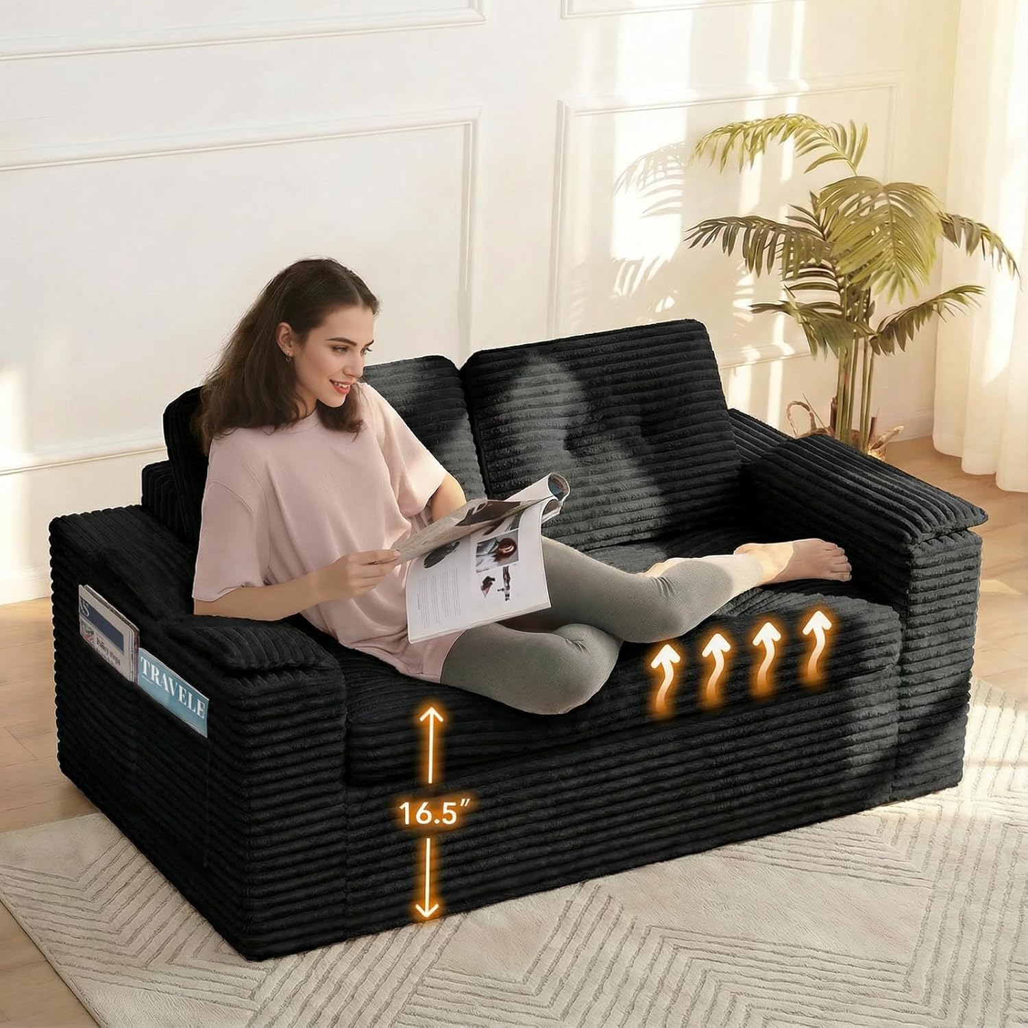 Boneless Loveseat Sofa, 60in Cloud Couch Sofa for Living Room 2 Seater Modern Lounge Sleeper Couch with Removable Cover Corduroy with Armrest, Seat Cushion & Pillows for Small Spaces, Black