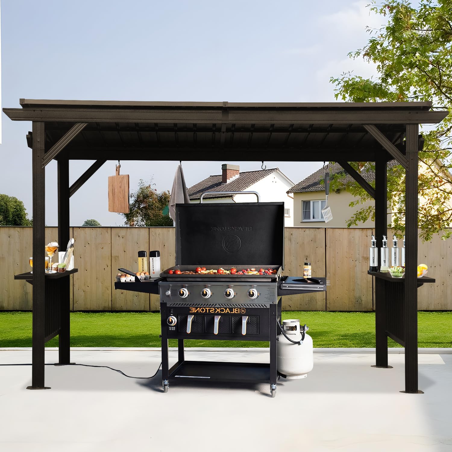 Domi 6.5x12FT Hardtop Grill Gazebo, Outdoor BBQ Gazebo with Galvanized Steel Sloping Roof, Metal Permanent Sun Shade Grill Canopy Shelter with 2 Side Shelves and Ceiling Hooks for Patio Yard, Brown