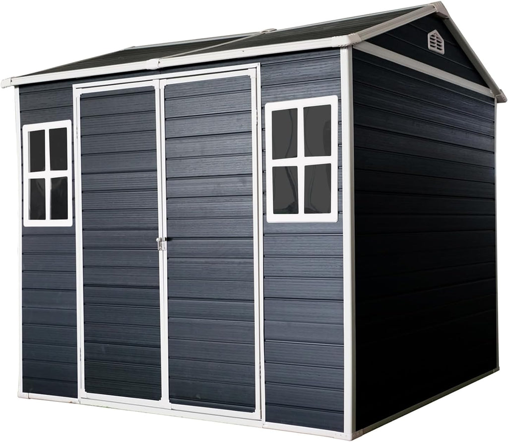 8x6 ft Outdoor Resin Storage Shed with Floor, Waterproof Plastic Tool Shed with Lockable Door and Two Windows, All-Weather Tool Sheds for Backyard, Patio, Lawn, Garden (Black, 8 x6 ft)
