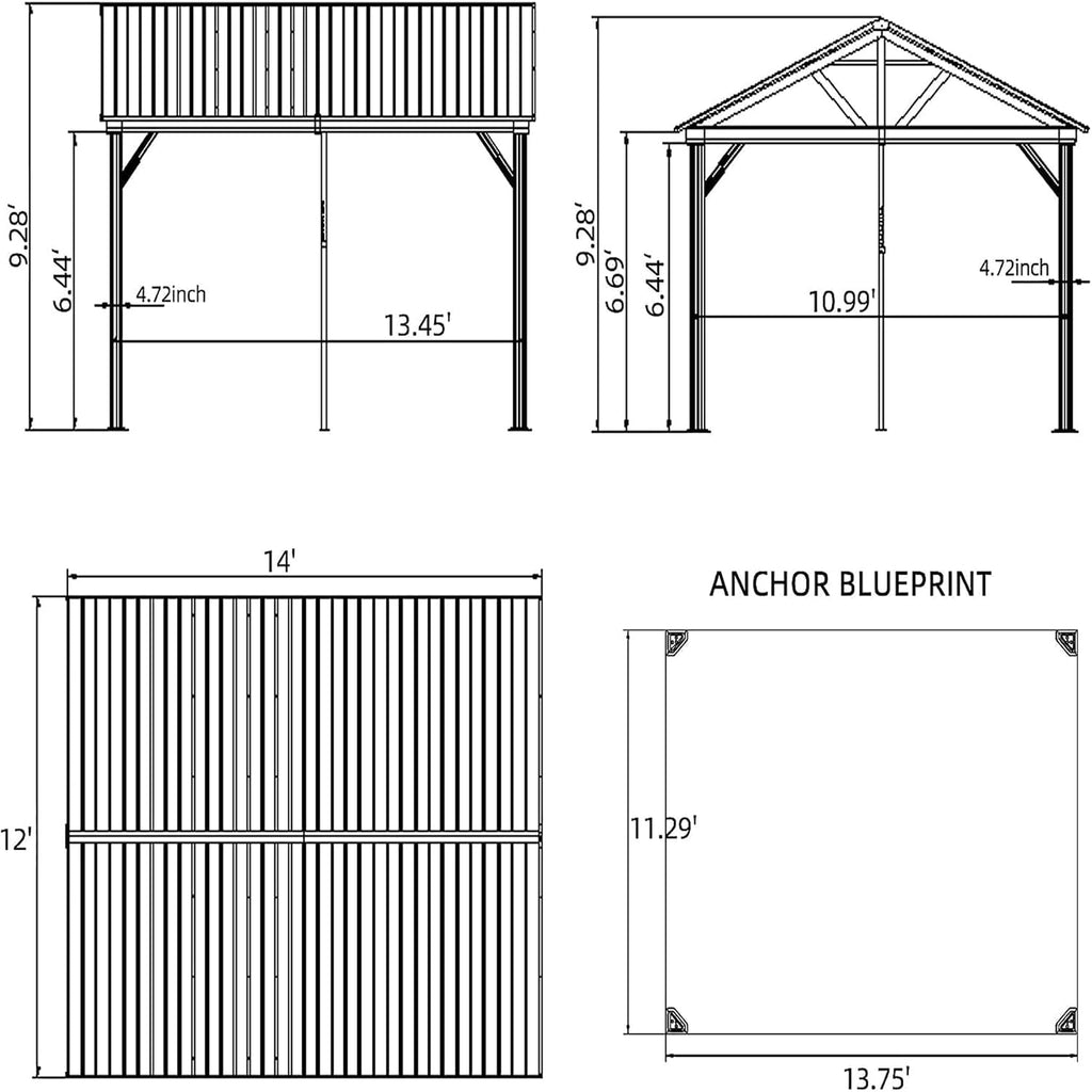 12'x14' Hardtop Gazebo, Outdoor Wooden Coated Aluminum Frame Hard Top Gazebo with Galvanized Steel Double Roof, Permanent Metal Roof Gazebo Pavilion for Deck, Patio and Garden (Yellow-Brown)