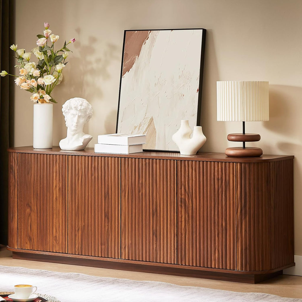 Fluted TV Stand for TVs Up to 75 Inch, Walnut Mid Century Modern TV Console for Living Room, Entertainment Center with Storage, Wood Media Console Cabinet