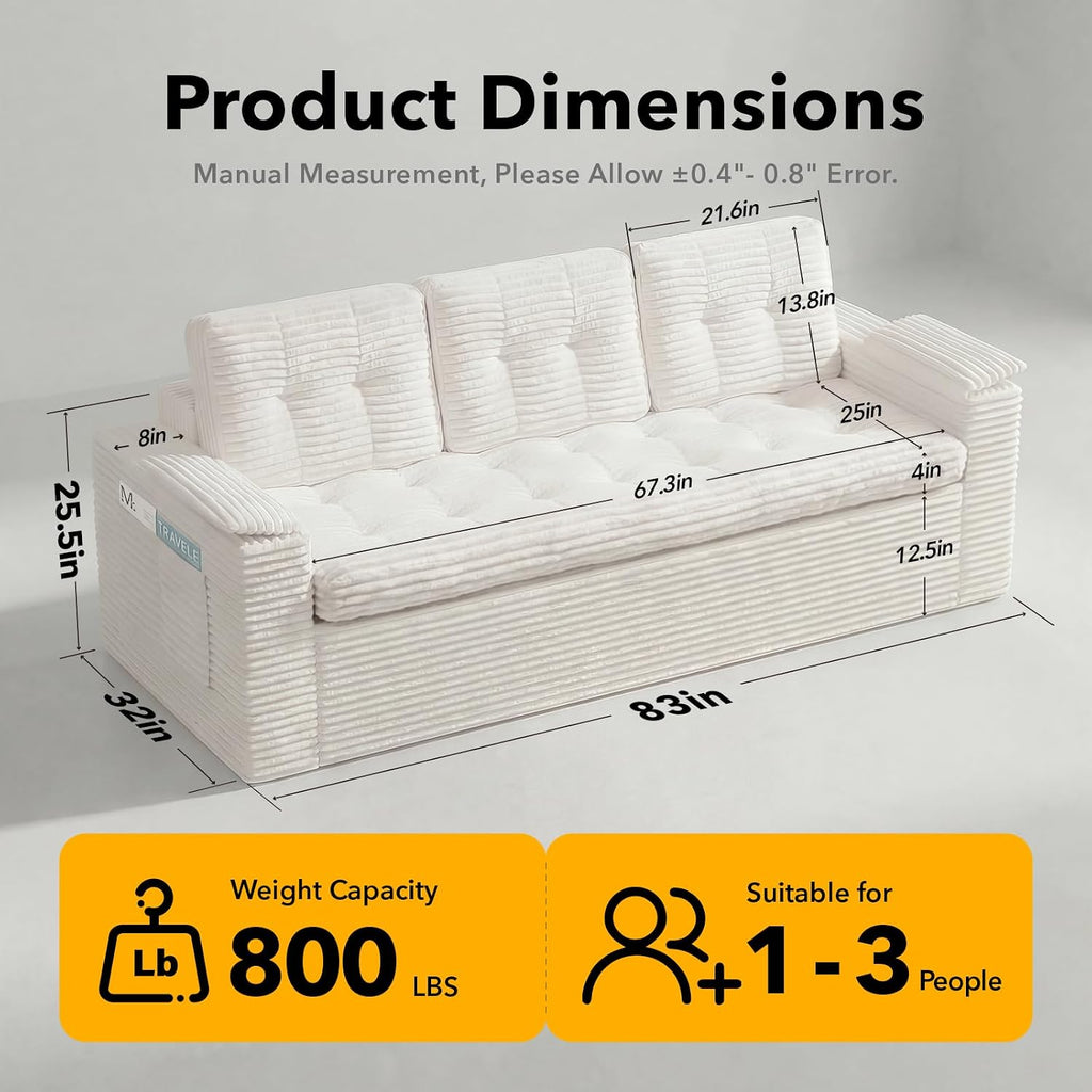83' Boneless Couch, 3-Seater Cloud Corduroy Sofa in a Box with Deep Tufted Cushions, Zero Assembly, Removable Washable Cover, Family-Friendly Living Room Couch, Beige