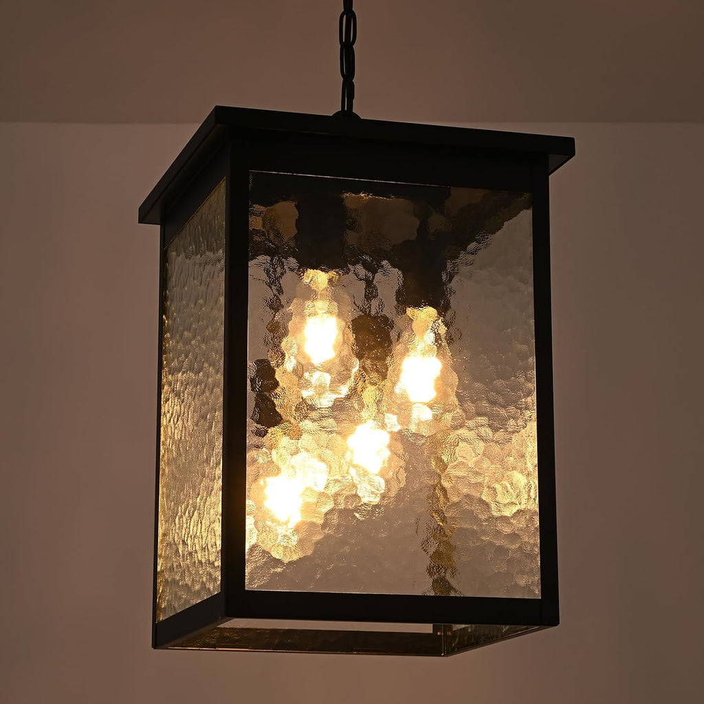 16.7'' Outdoor Pendant Lights for Porch, 4-Lights Black Exterior Pendant Light with Hammer Glass, Outdoor Porch Light Ceiling Mount Outdoor Hanging Light Fixture for Gazebo, Patio, Entryway