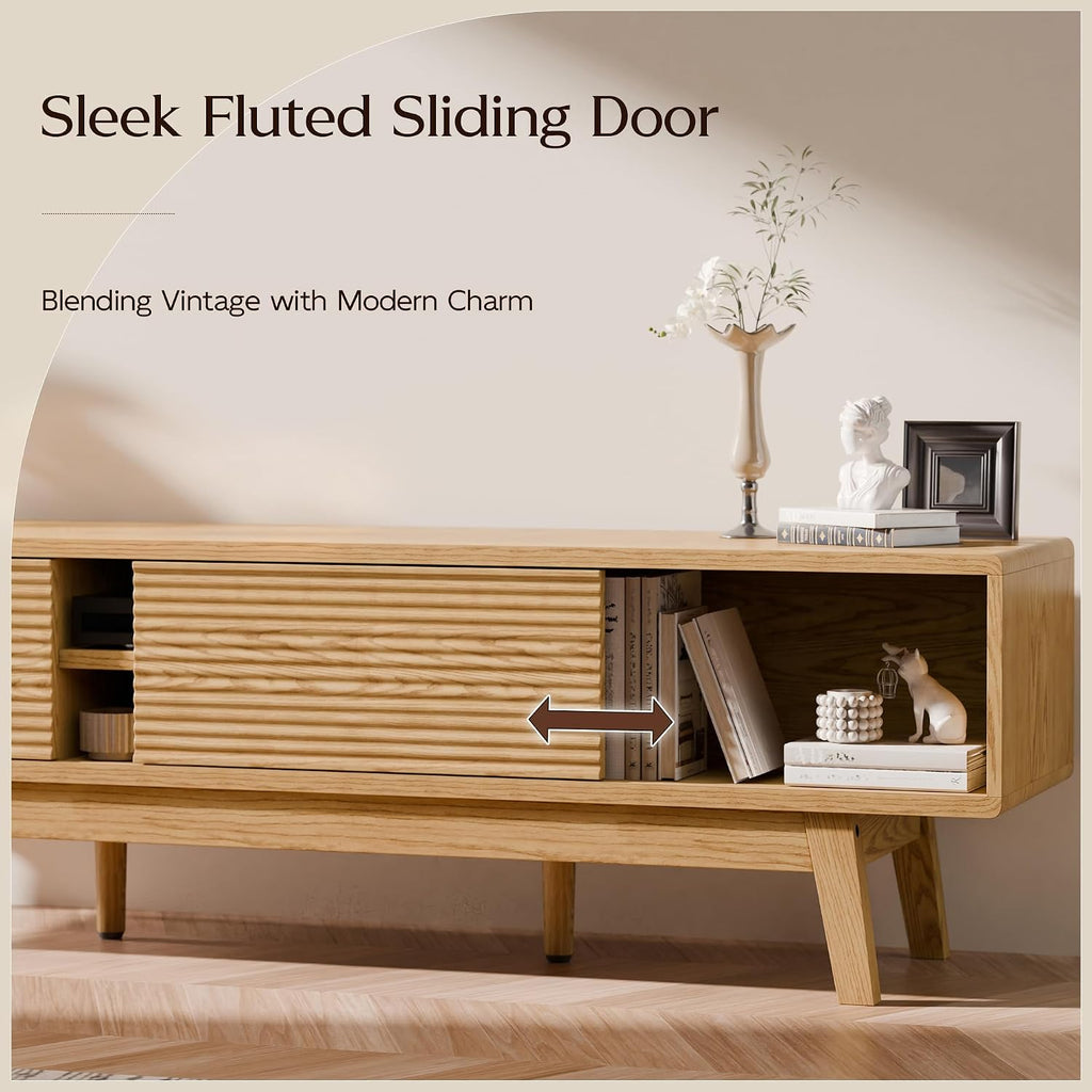 TOLEAD 59' Mid Century Modern TV Stand for TVs up to 65 Inch, Low Profile Entertainment Center with Fluted Sliding Doors & Storage, Wood TV Console Table for Living Room, Oak