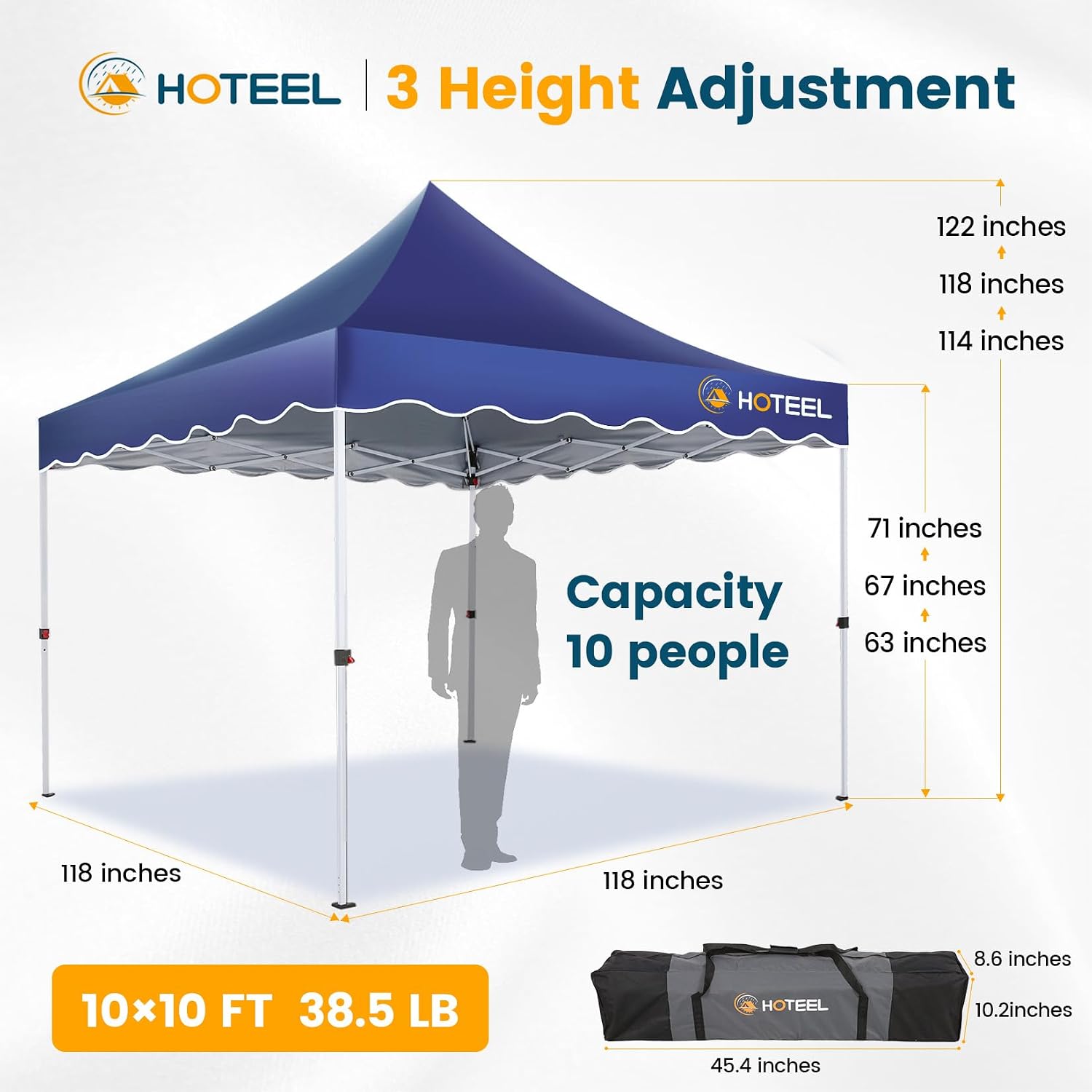 Hoteel 10x10 Pop Up Canopy Tent | One Person Setup Outdoor Shade, UPF 50+ and Waterproof, 210D Oxford Top, 3 Heights Adjustable, 600D Carry Bag for Beach, Events, Commercial Use (Dark Blue)