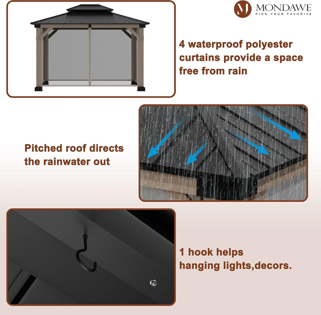Cedar Wood Gazebo 10x12Ft Hardtop Gazebo with Netting, Outdoor Permanent Gazebo Pergola with Galvanized Steel Double Roof Pavilion for Patio Lawn Garden