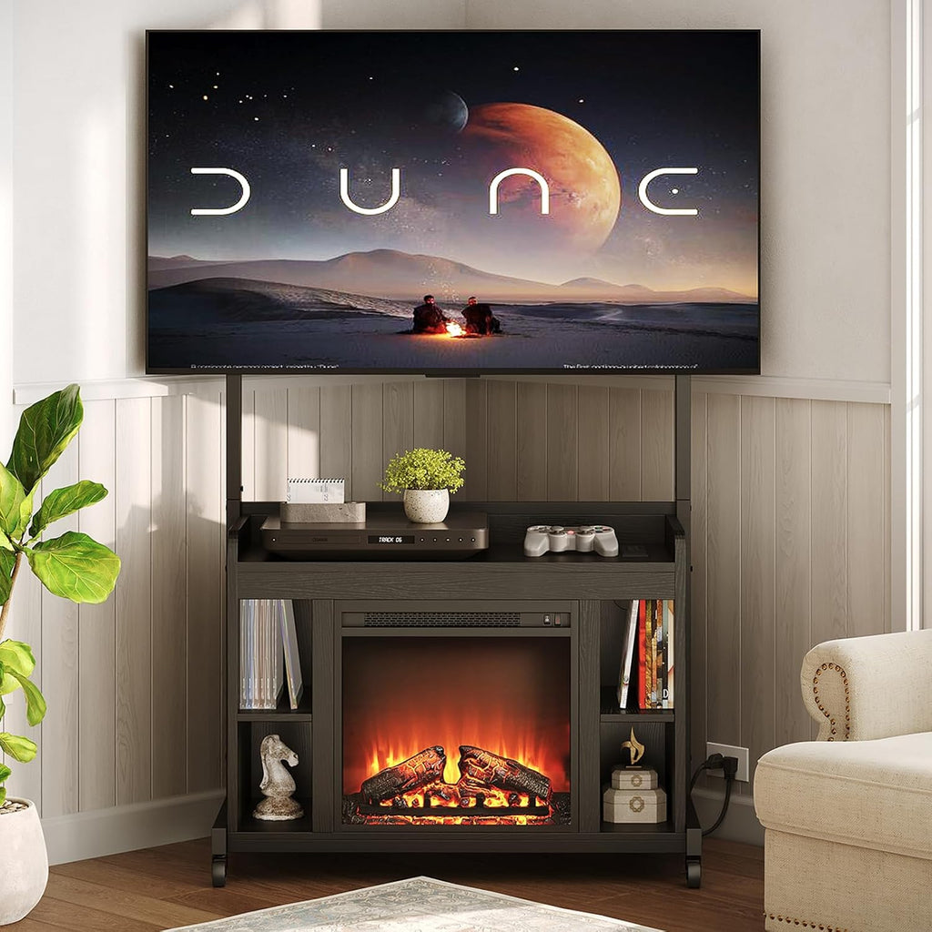 RALGEND Fireplace TV Stand with Mount for 45/55/60/65/75 inch TVs, Corner Entertainment Center with Power Outlet and 18' Electric Fireplace, Height Adjustable TV Console for Living Room Bedroom, Black