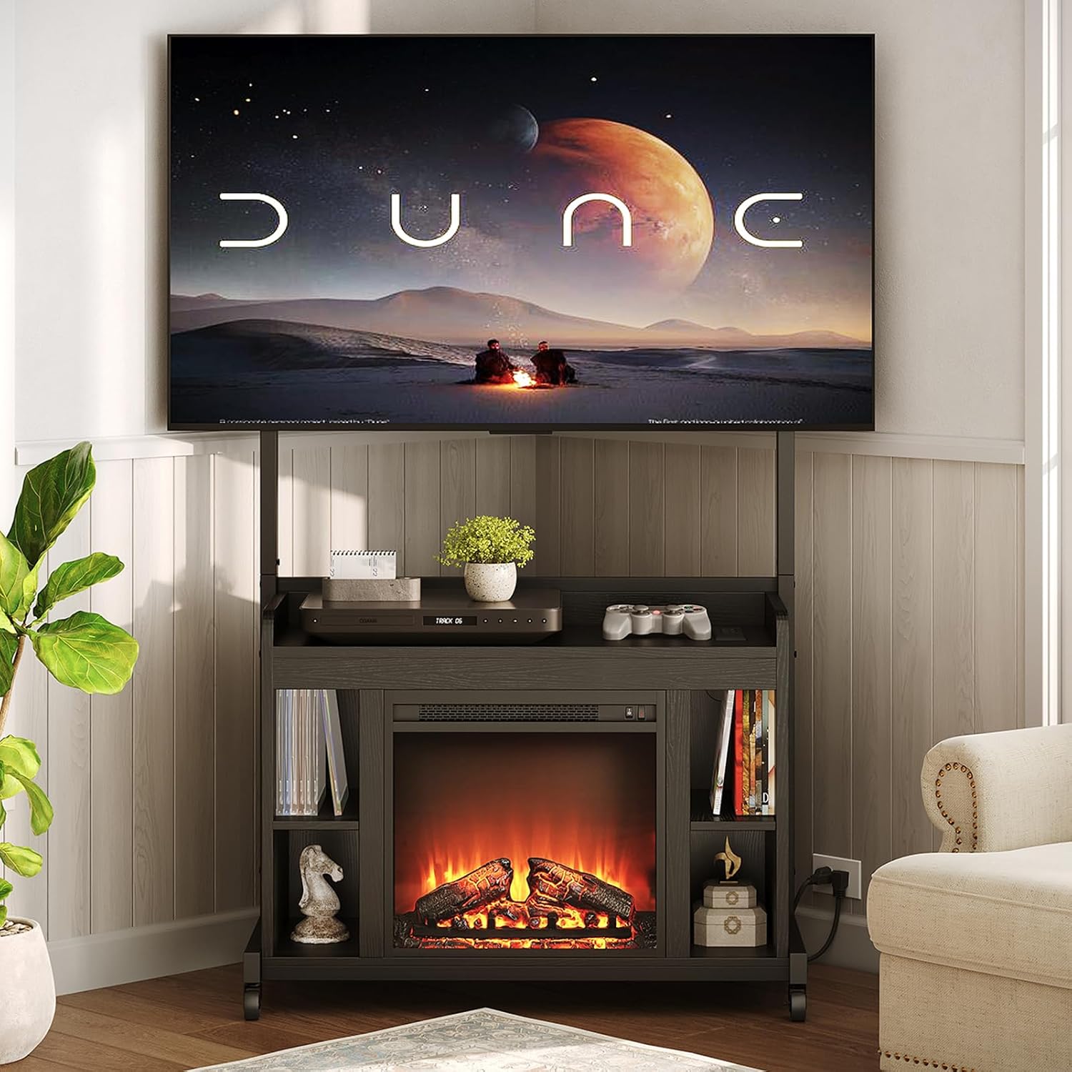RALGEND Fireplace TV Stand with Mount for 45/55/60/65/75 inch TVs, Corner Entertainment Center with Power Outlet and 18' Electric Fireplace, Height Adjustable TV Console for Living Room Bedroom, Black