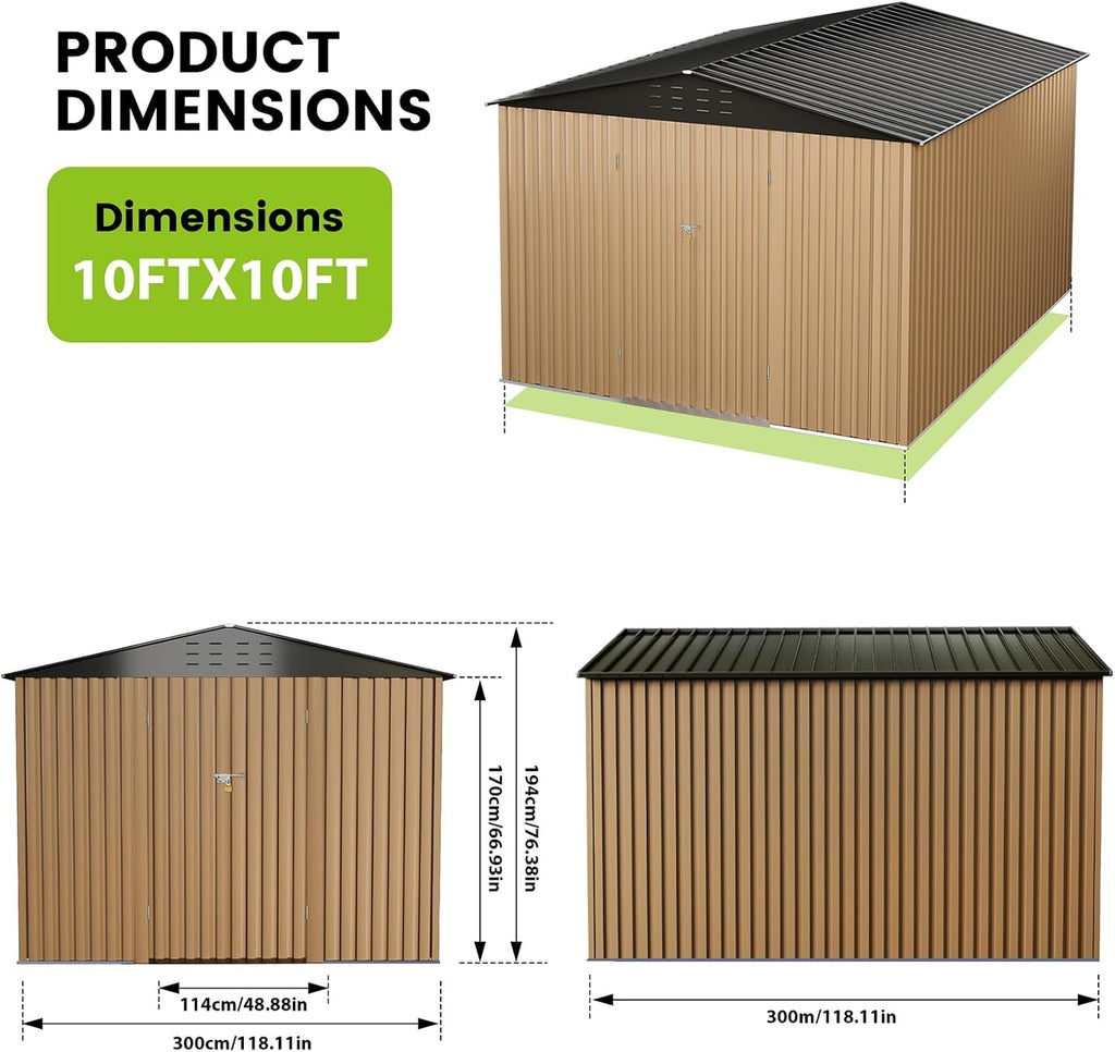 10x10 FT Outdoor Metal Storage Shed, Metal Tool Sheds with Sturdy Frame Structure, Large Garden Storage Shed with Lockable Door for Garden, Lawn, Backyard, Brown