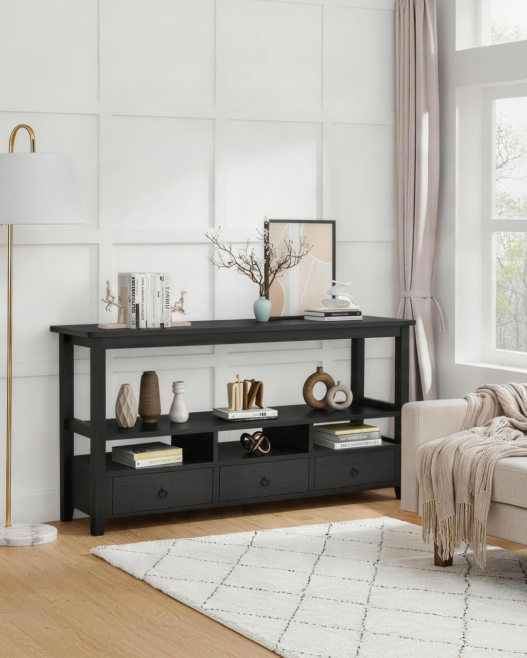 Karl home Console Table with 3 Bottom Drawers, 57.9' W Sofa Side Table Entryway Desk with 3 Storage Cubbies 1 Open Shelf, Vintage TV Stand for Hallway Living Room Office, Black 29.9' H