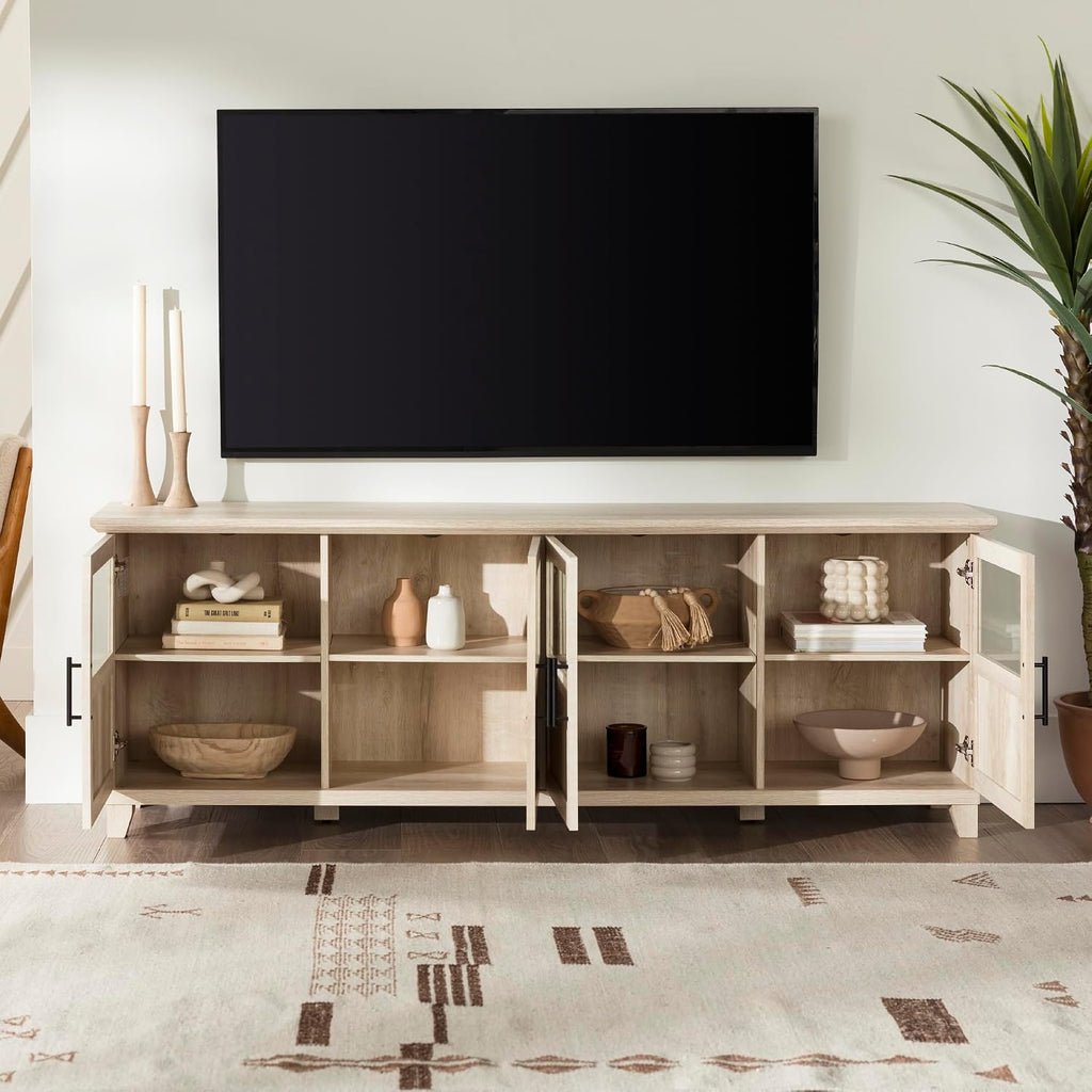 Walker Edison Farmhouse Glass and Wood TV Stand for TV's up to 80' Universal TV Stand for Flat Screen Living Room Storage Cabinets and Shelves Entertainment Center, 70 Inch, White Oak