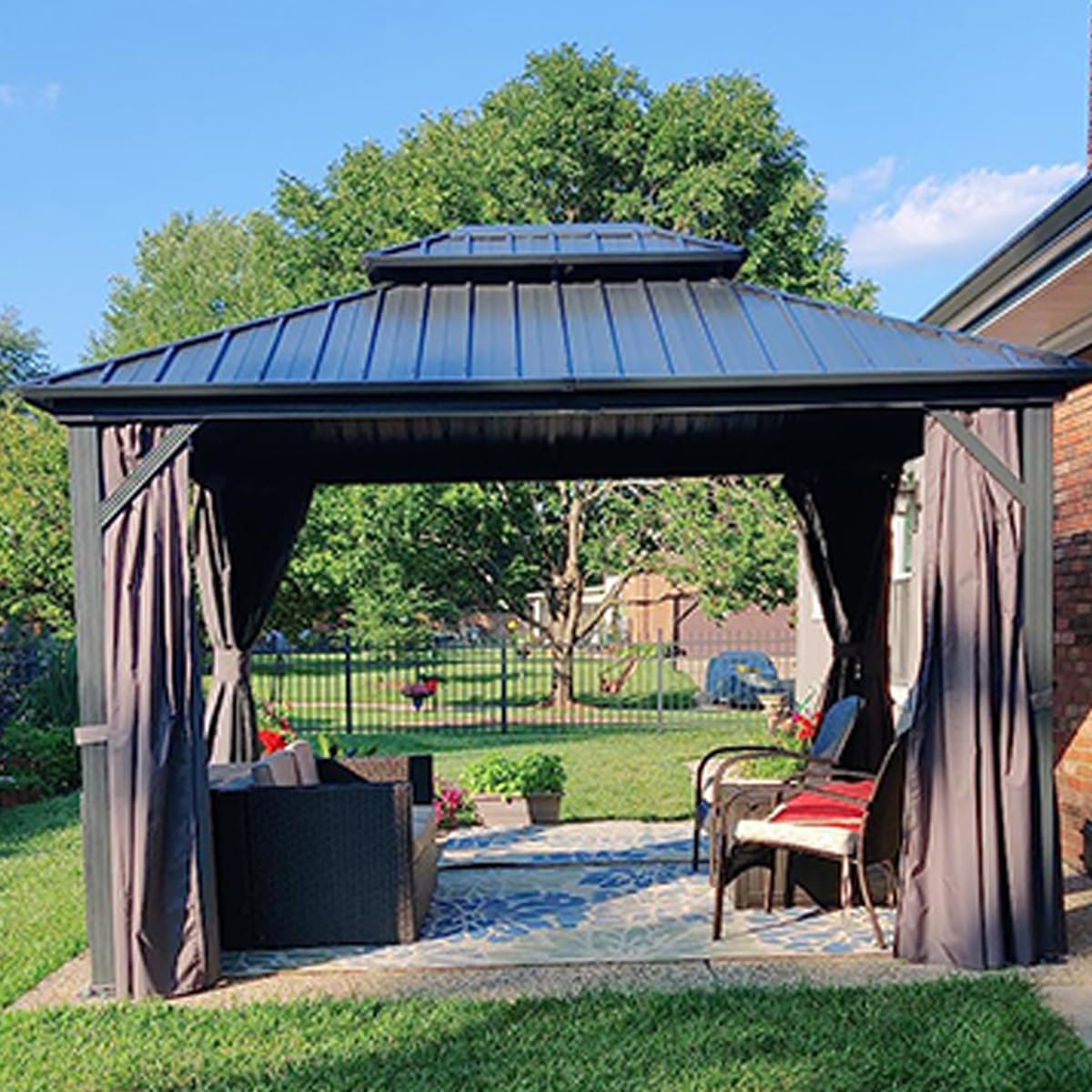 Domi Hardtop Gazebos 10x10FT, Aluminum Metal Gazebo with Galvanized Steel Double Roof Canopy, Curtain and Netting, Permanent Gazebo Pavilion for Patio, Backyard, Deck and Lawn, Grey