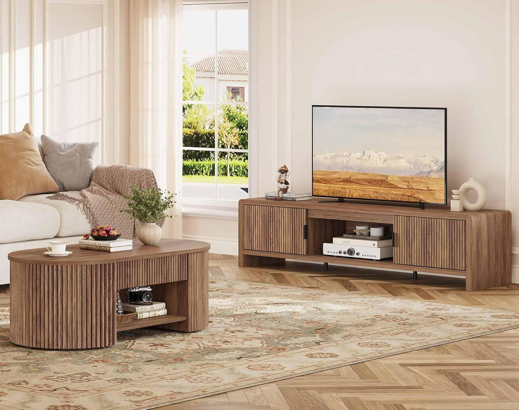 FATORRI TV Stand for 75/65/55 Inch TVs, Farmhouse Entertainment Center with Storage, Wood Waveform Fluted-Door Television Media Console for Living Room,Bedroom (63' W, Walnut)