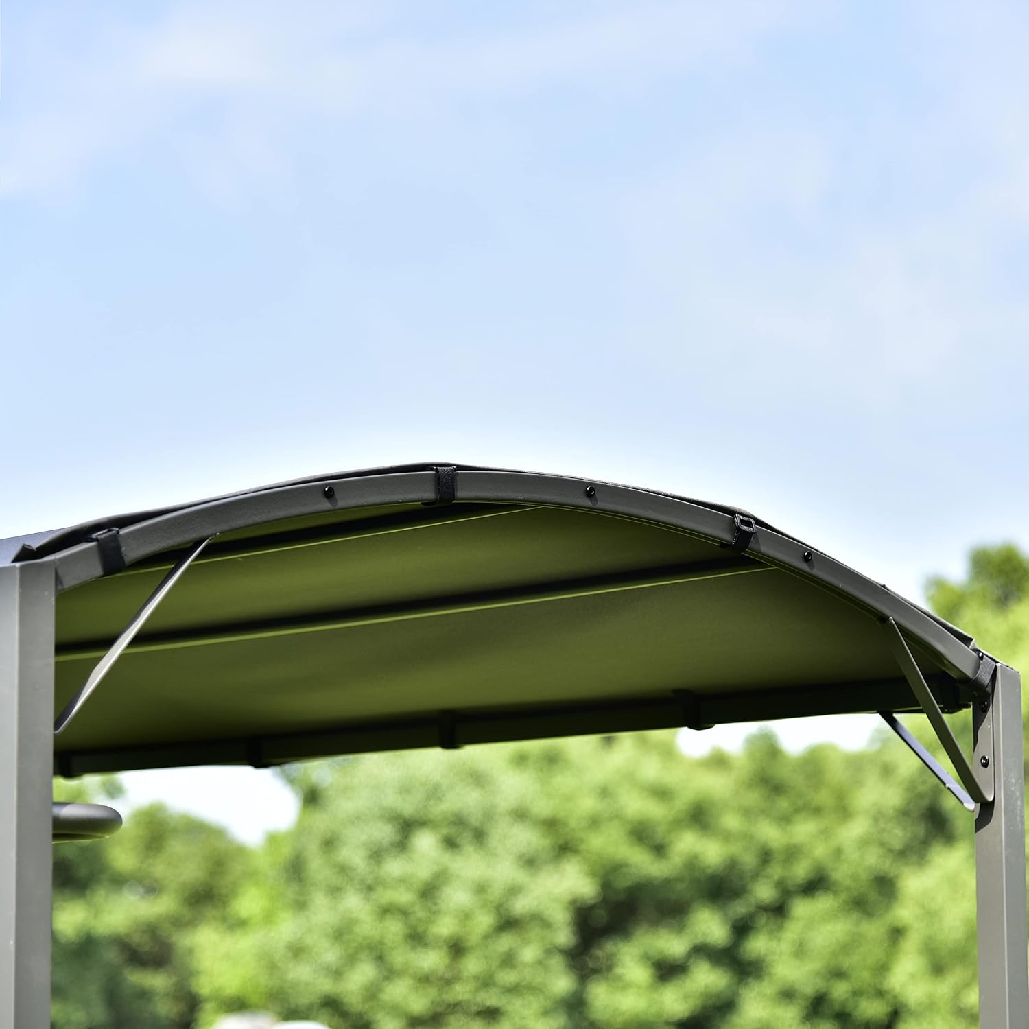 Outdoor 7Ft.Wx4.5Ft.L Iron Double Tiered Backyard Patio BBQ Grill Gazebo with Side Awning, Bar Counters and Hooks, Gray