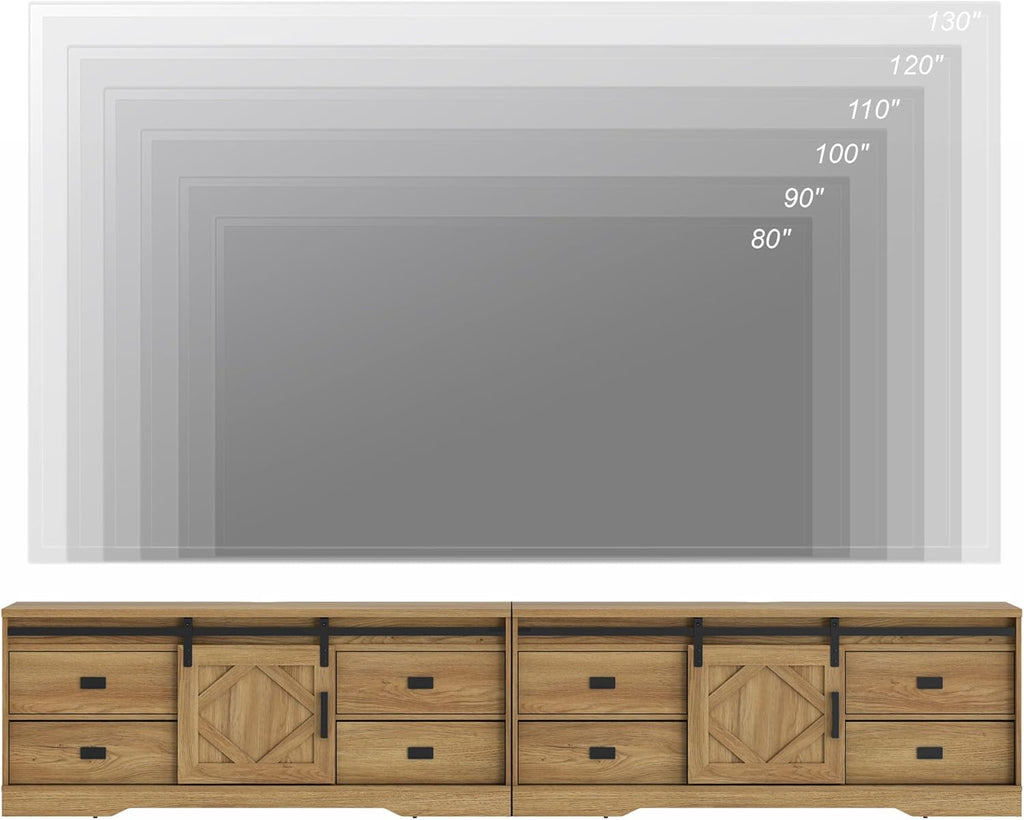 WAMPAT 118' Wide Modern Farmhouse 2 in 1 TV Stand for up to 130' TVs,Faux Bark Finish Wood Entertainment Center with 8 Drawers and Sliding Barn Doors for Living Room,Vintage Oak