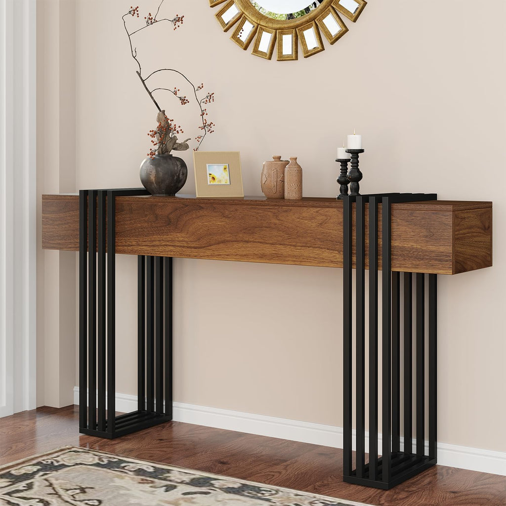 knoworld 63 Inch Long Console Table, Extra Thick Industrial Sofa Table Behind The Couch Rectangular Entryway Table for Entrance Hallway Living Room, Entire top Board & 4-Pipe Legs, Rustic Brown