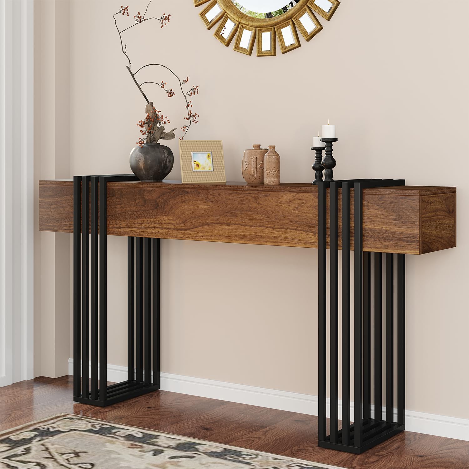 knoworld 63 Inch Long Console Table, Extra Thick Industrial Sofa Table Behind The Couch Rectangular Entryway Table for Entrance Hallway Living Room, Entire top Board & 4-Pipe Legs, Rustic Brown