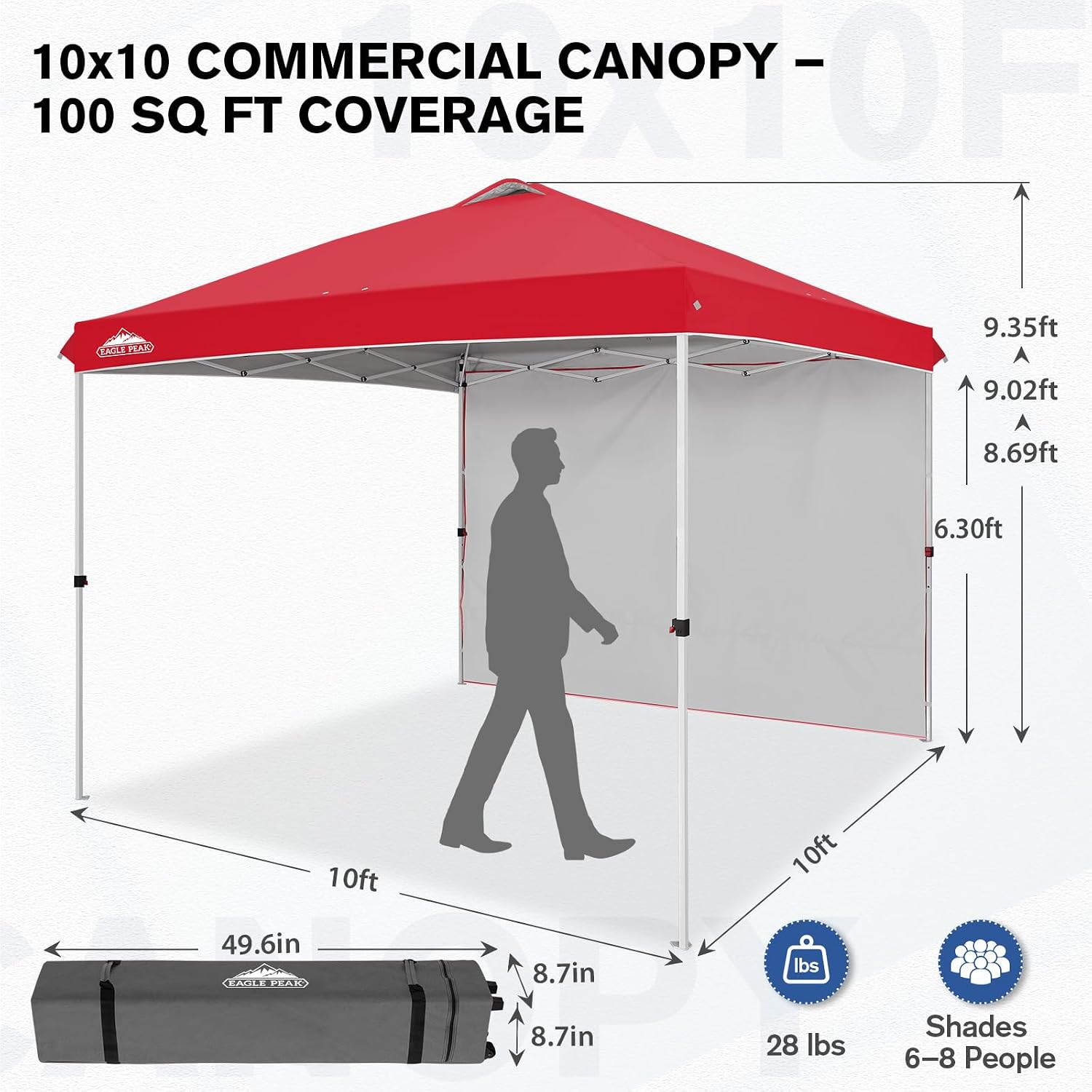 EAGLE PEAK Commercial Canopy 10x10 Pop Up Canopy Tent with 1 Sidewall, Easy Setup Heavy Duty Instant Event Shelter for Vendors & Markets, Outdoor Sun Shade, Red