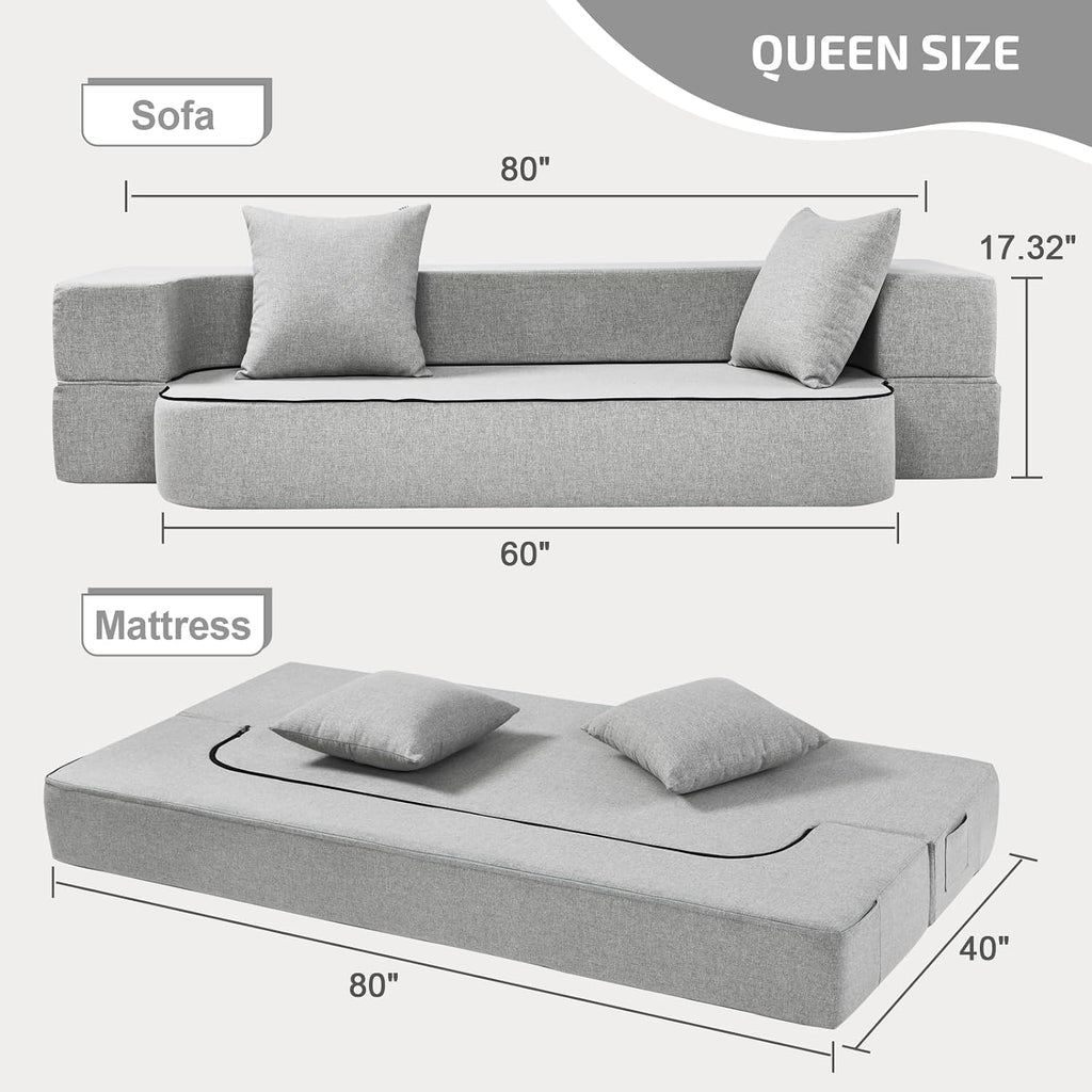 SUYOLS 2-in-1 Folding Sofa Bed with Pillows - Folding Chair Floor Couch & Sleeping Mattress - Washable Cover & Memory Foam Sleeper Chair for Living Room/Guest Room/Apartment/Loft, Light Gray, Twin XL