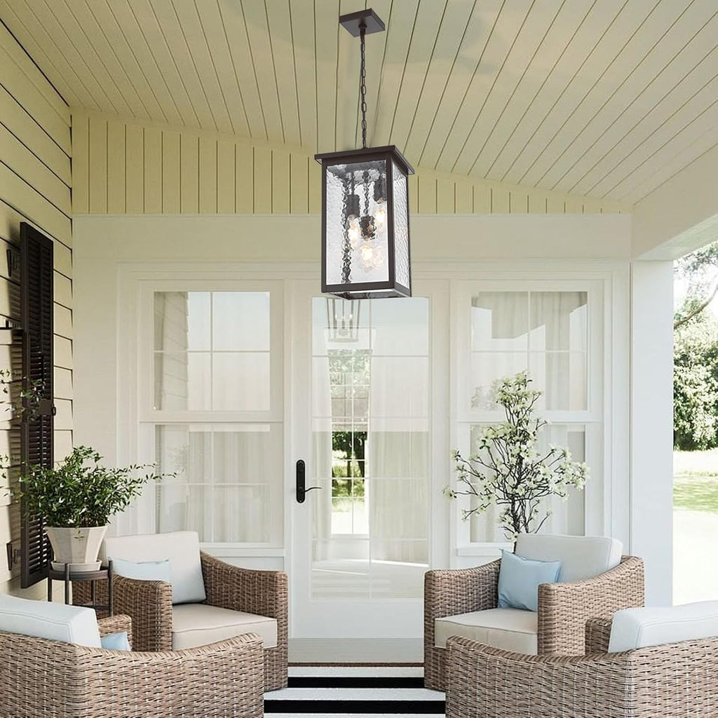 17'' Large Outdoor Indoor Pendant Light 3-Lights, Modern Oil Rubbed Bronze Exterior Hanging Porch Pendant Light with Hammer Glass, Outdoor Ceiling Lights for Front Entryway Gazebo Patio