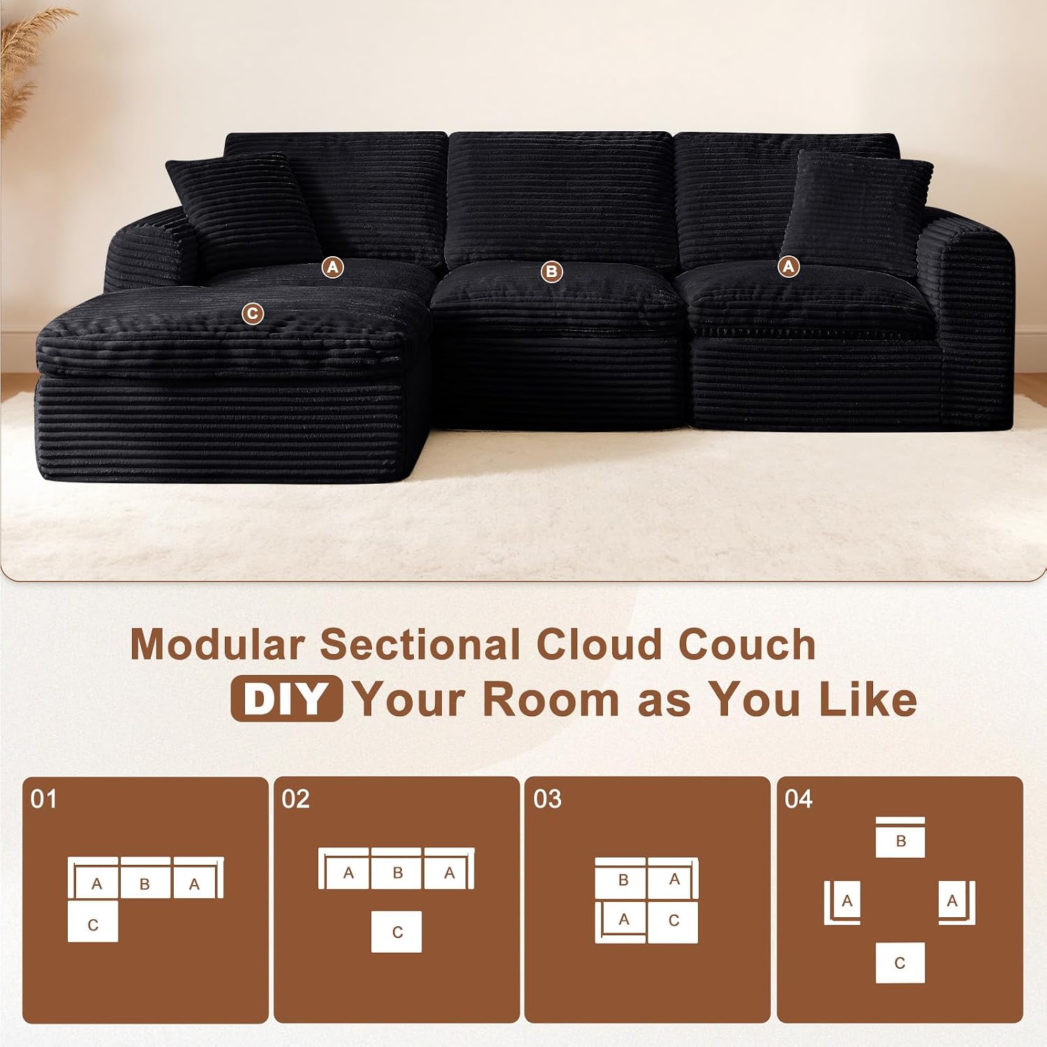 108' Modular Sectional Sofa Couches L Shaped Couch 3 Seater Cloud Sofa Memory Foam Sectional Couches for Living Room, Boneless Couch with Ottoman, Corduroy, Black