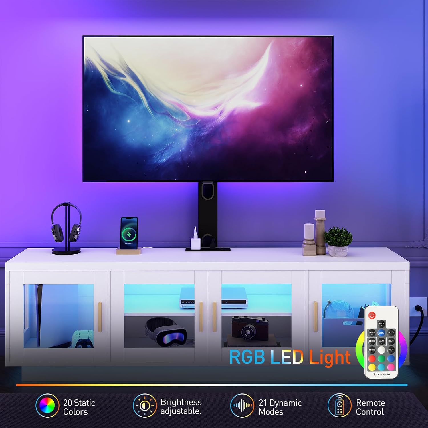 RALGEND TV Stand with Mount and Power Outlet, Swivel TV Stand Mount with LED Lights for 32/45/55/60/65/70/75 inch TVs, Entertainment Center Media Console with Height Adjustable Mount, White and Black