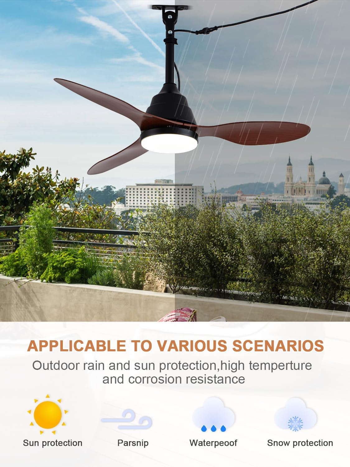 Bella Depot 42' Outdoor Ceiling Fan Waterproof Gazebo Fan with Light Smart App Remote Control Hanging Fan for Outside Patios Pergola Tent Plug-in Design Adjustable Brightness (42'- Coffee)