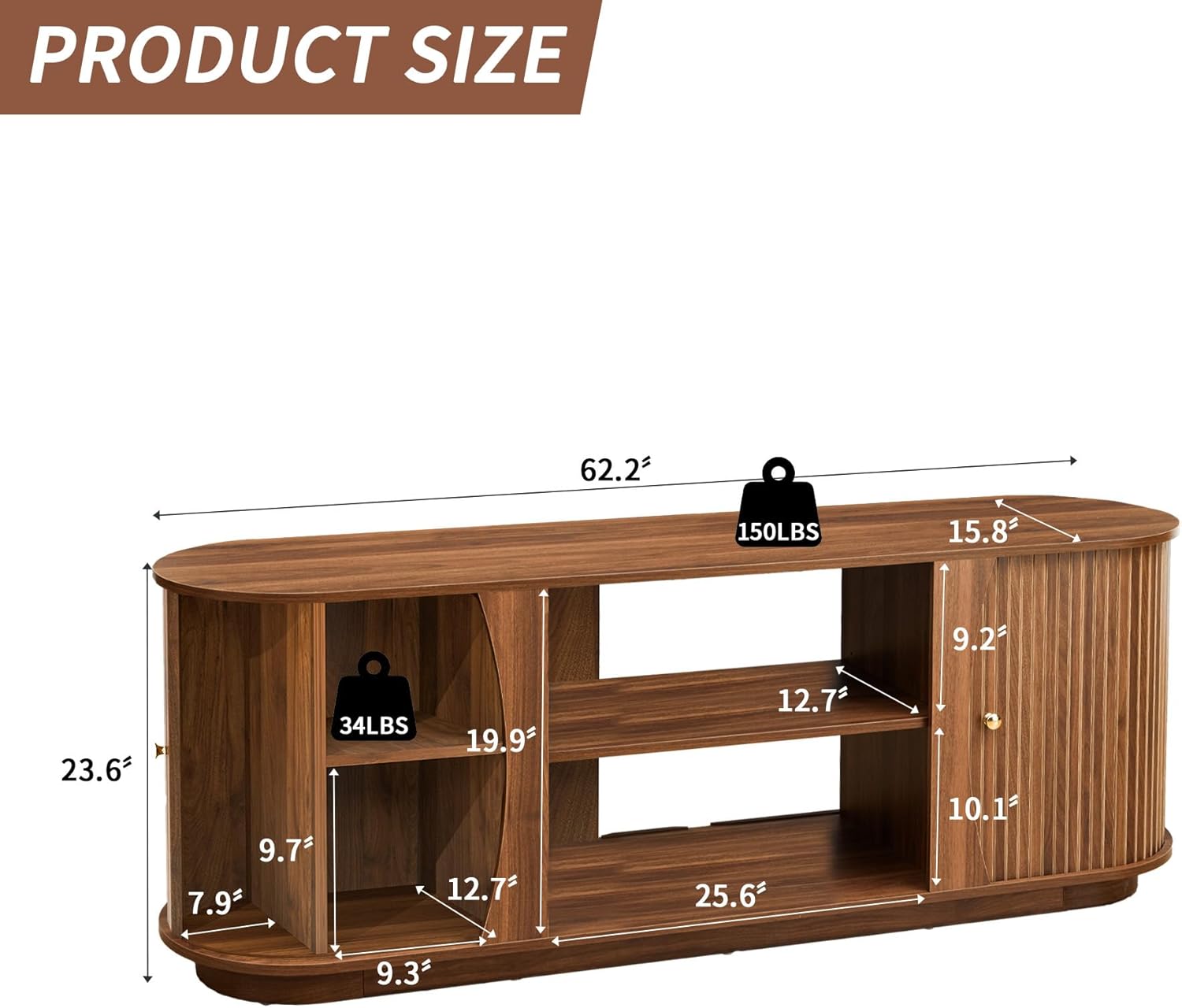Turtle & Myrtle 63' Mid Century Modern TV Stand for Tvs up to 70', Fluted TV Media Console Table with Storage and Adjustable Shelves, Curved Edge Entertainment Center for Living Room (Brown)