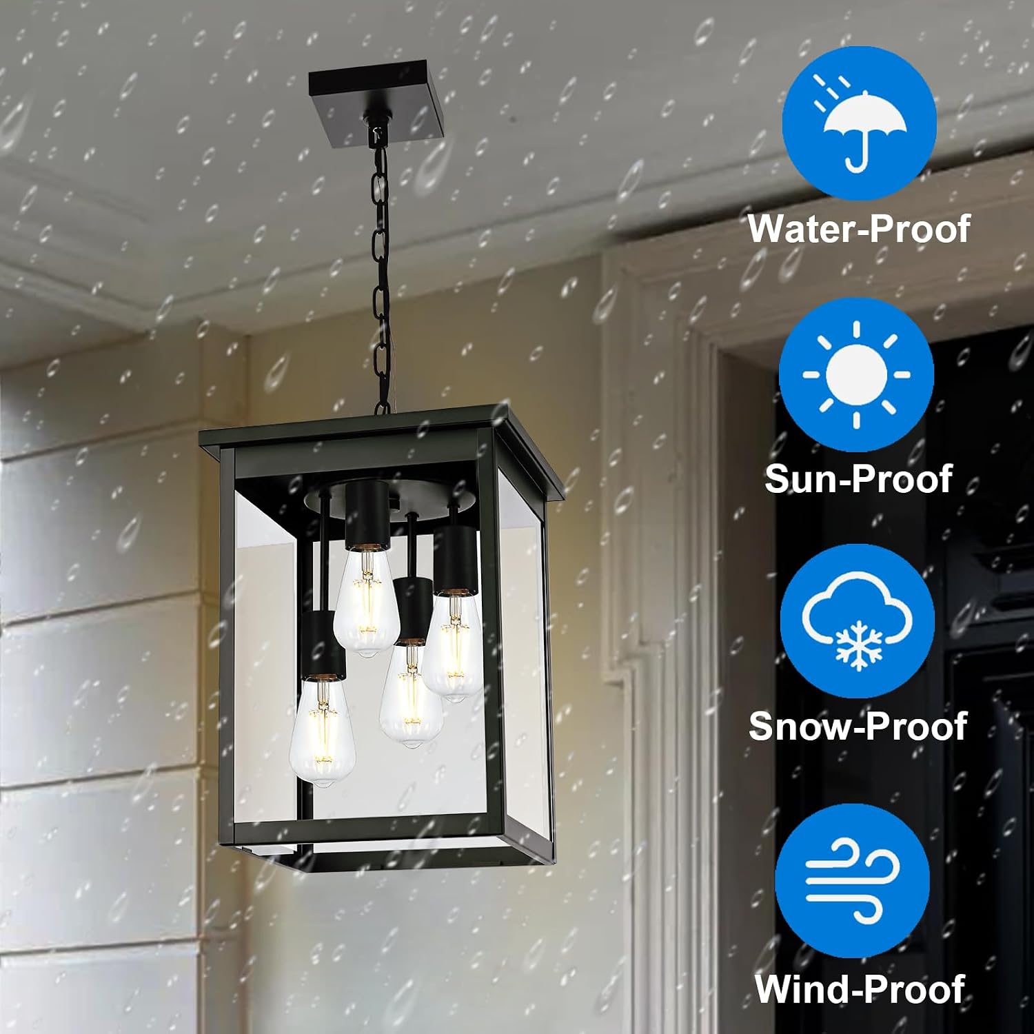 16.7'' Outdoor Pendant Lights for Porch, 4-Lights Black Exterior Pendant Light with Clear Glass, Outdoor Porch Light Ceiling Mount Outdoor Hanging Light Fixture for Gazebo, Patio, Entryway