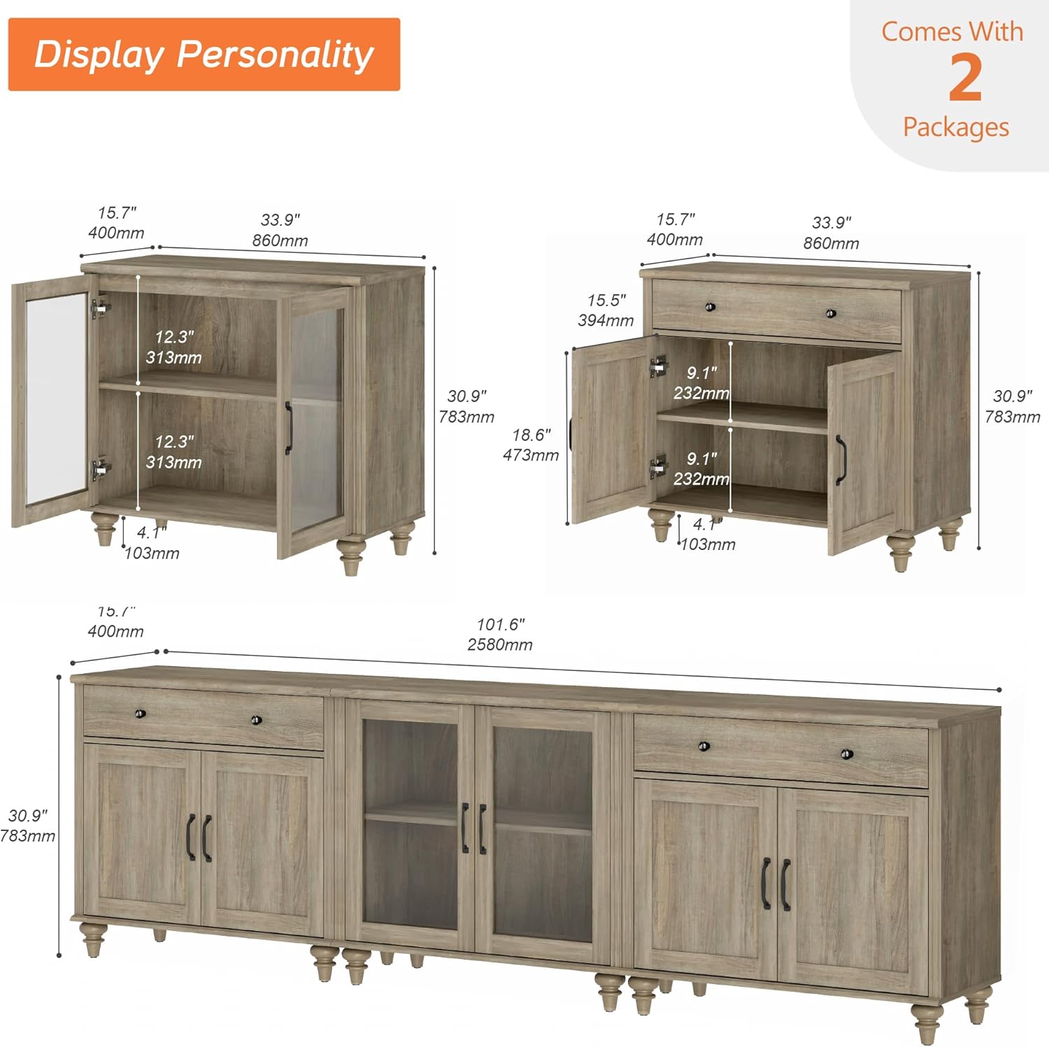 WAMPAT Farmhouse TV Stand for 100 Inch TV, 3-in-1 TV Console Table for 75/80/85/90 Inch TV, Entertainment Center with Glass & Wood Door, Kitchen Sideboard Buffet Cabinet for Dining Room, Wash Grey