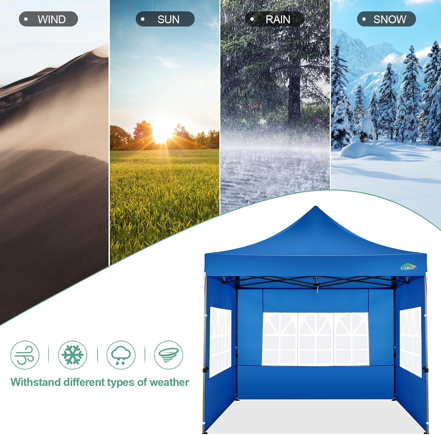 COBIZI 10x10 Pop Up Canopy with Sidewalls Heavy Duty Party Tent with Removable Awning Easy Up Outdoor Canopy Wedding, All Season Windproof&Waterproof with Roller Bag UPF 50+, Blue