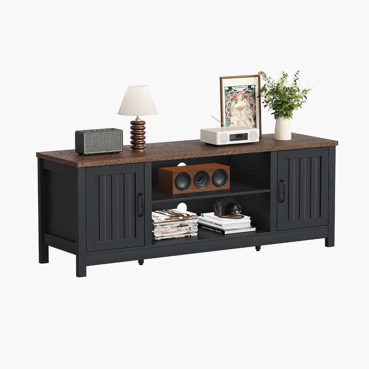 ChooChoo 54' Farmhouse TV Stand for TVs up to 65 inches, Entertainment Center with Storage Cabinets, Open Shelves and Fluted Door, TV Console Table for Living Room, Bedroom, Black
