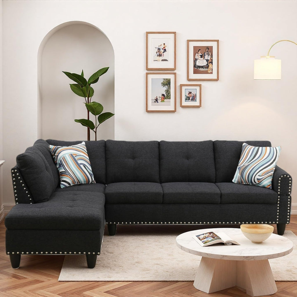 Modern L-Shaped Sectional Sofa with Cup Holder, 4-Seater Fabric Couch with Chaise Lounge, for Living Room, Apartment, Studio, Easy Assembly, Black