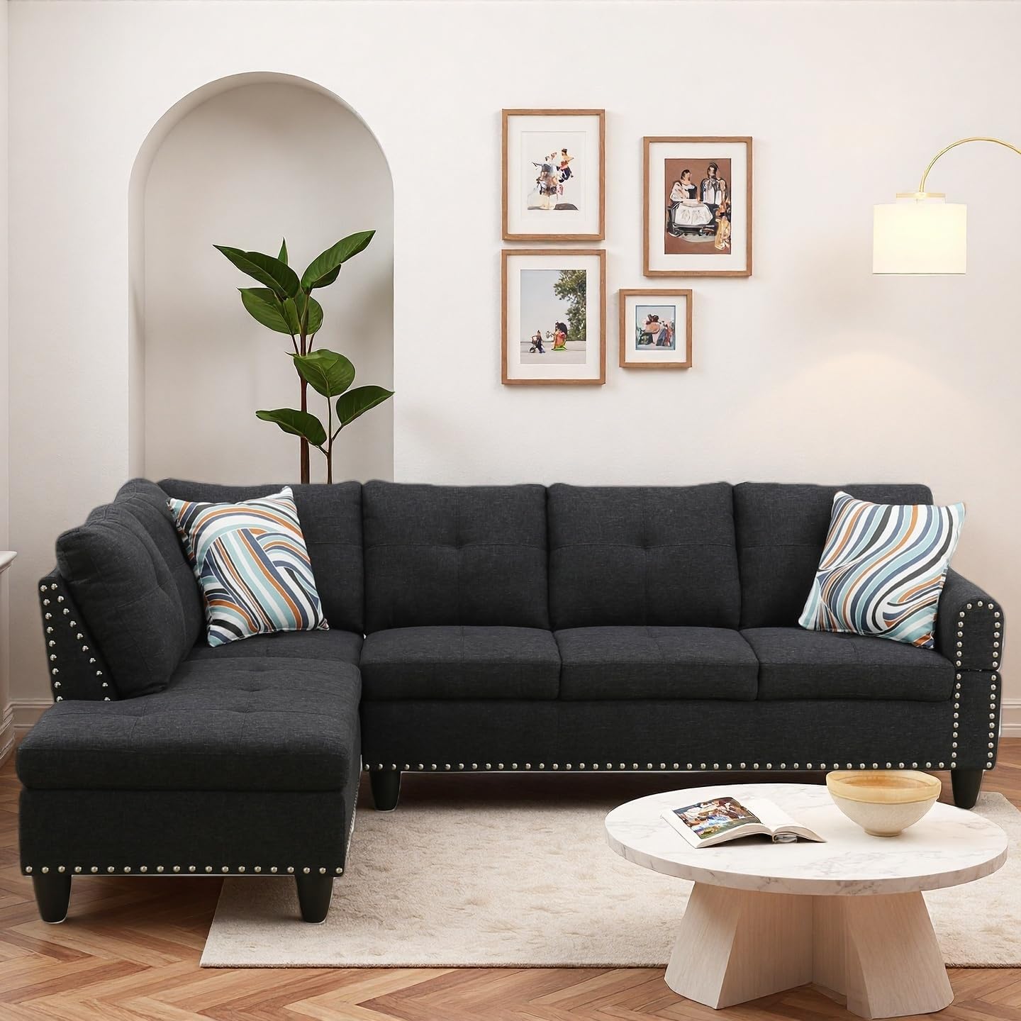 Modern L-Shaped Sectional Sofa with Cup Holder, 4-Seater Fabric Couch with Chaise Lounge, for Living Room, Apartment, Studio, Easy Assembly, Black