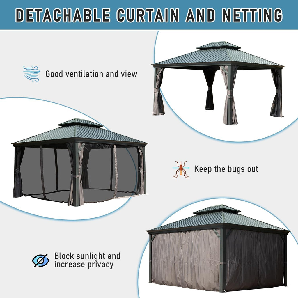 Domi Hardtop Gazebo 10x12FT, Outdoor Gazebo with Galvanized Steel Double Roof, Aluminum Frame, Built-in Gutter System, Curtain and Netting, Metal Gazebo Pavilion for Patio Deck Garden, Grey