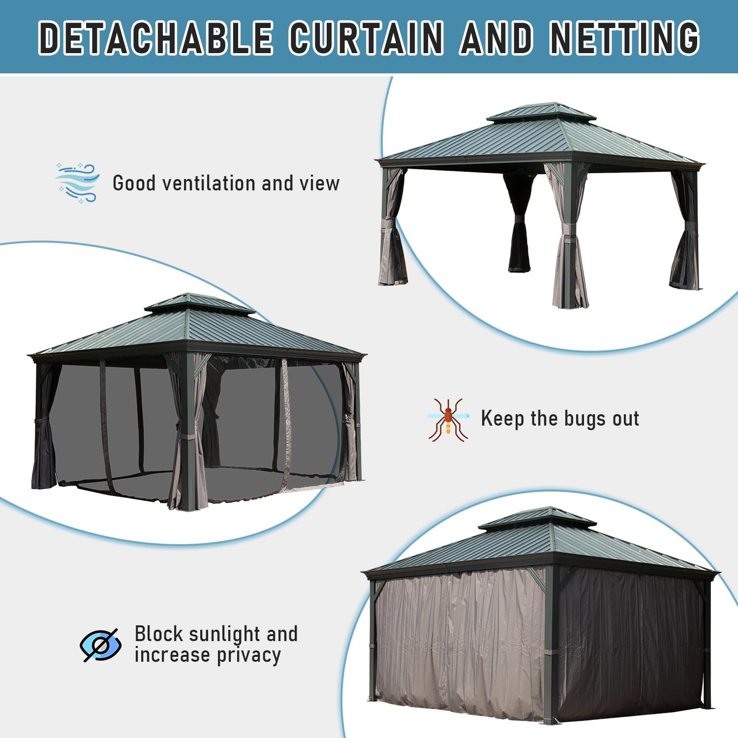 Domi Hardtop Gazebo 10x12FT, Outdoor Gazebo with Galvanized Steel Double Roof, Aluminum Frame, Built-in Gutter System, Curtain and Netting, Metal Gazebo Pavilion for Patio Deck Garden, Grey