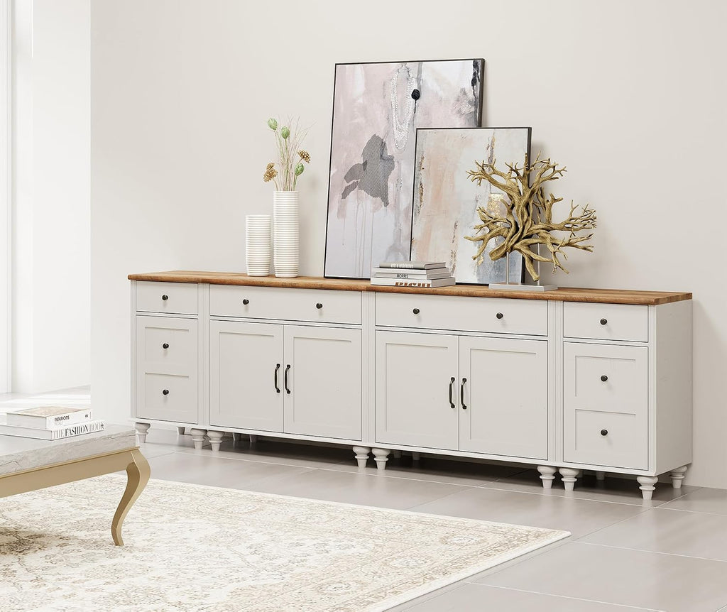 WAMPAT Farmhouse TV Stand for 100 Inch TV, 4-in-1 Wooden TV Console Table for 75/80/85/90 Inch TV, Entertainment Center with Charging Station, Kitchen Sideboard Buffet Cabinet for Dining Room, White