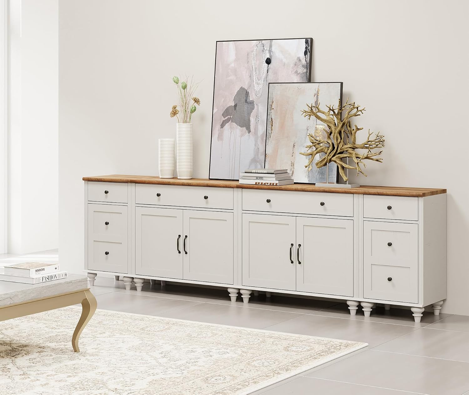WAMPAT Farmhouse TV Stand for 100 Inch TV, 4-in-1 Wooden TV Console Table for 75/80/85/90 Inch TV, Entertainment Center with Charging Station, Kitchen Sideboard Buffet Cabinet for Dining Room, White