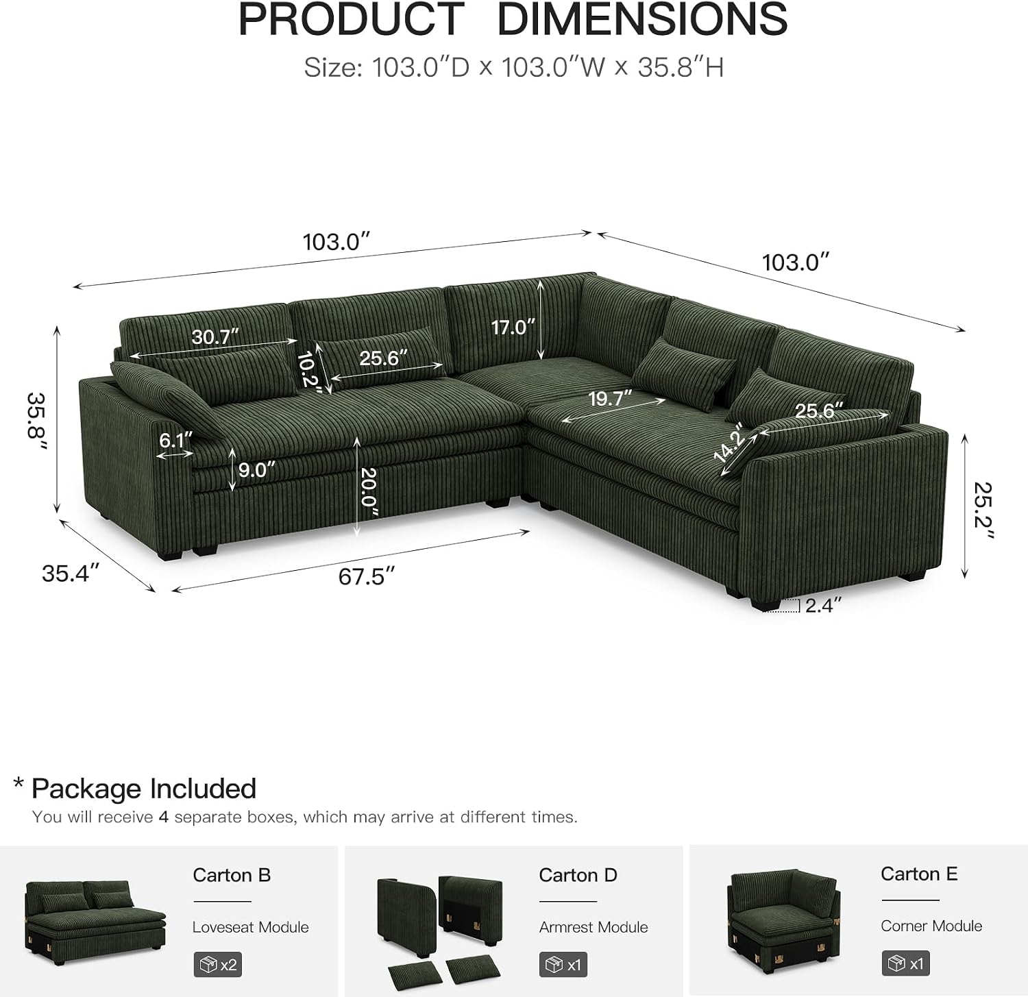 Belffin Large Modular Sectional Sofa with Double 61' Loveseat, Corduroy Corner Couch with 9' Soft Dual-Layer Seats Cushion for Living Room, Apartment, Small Sapce, Green