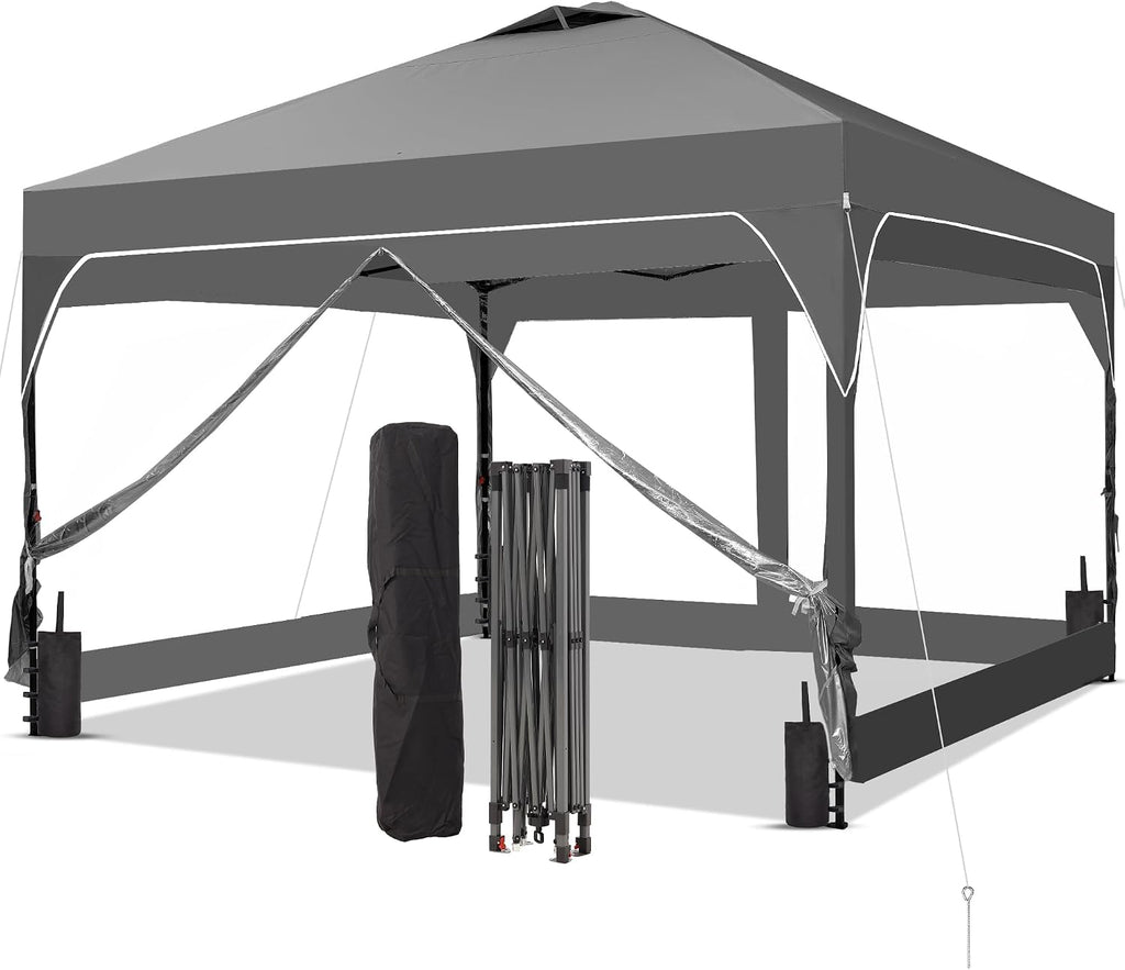 GDY 10x10 FT Pop Up Canopy Tent with One Push Setup,Setup Gazebo with 4 PVC Transparent Sidewalls,Easy Carry for Events, Parties, Camping, Gray