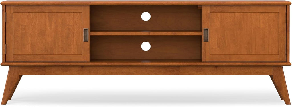SIMPLIHOME Draper TV Stand - 72 inch Wide Solid Wood Media Console in Teak Brown, Mid Century Modern Entertainment Center for Living Room for TVs up to 80 Inches with Cabinets and Cable Management