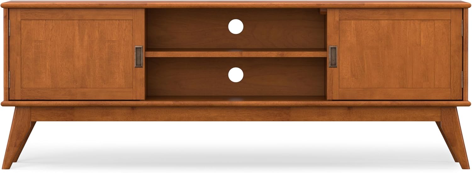 SIMPLIHOME Draper TV Stand - 72 inch Wide Solid Wood Media Console in Teak Brown, Mid Century Modern Entertainment Center for Living Room for TVs up to 80 Inches with Cabinets and Cable Management