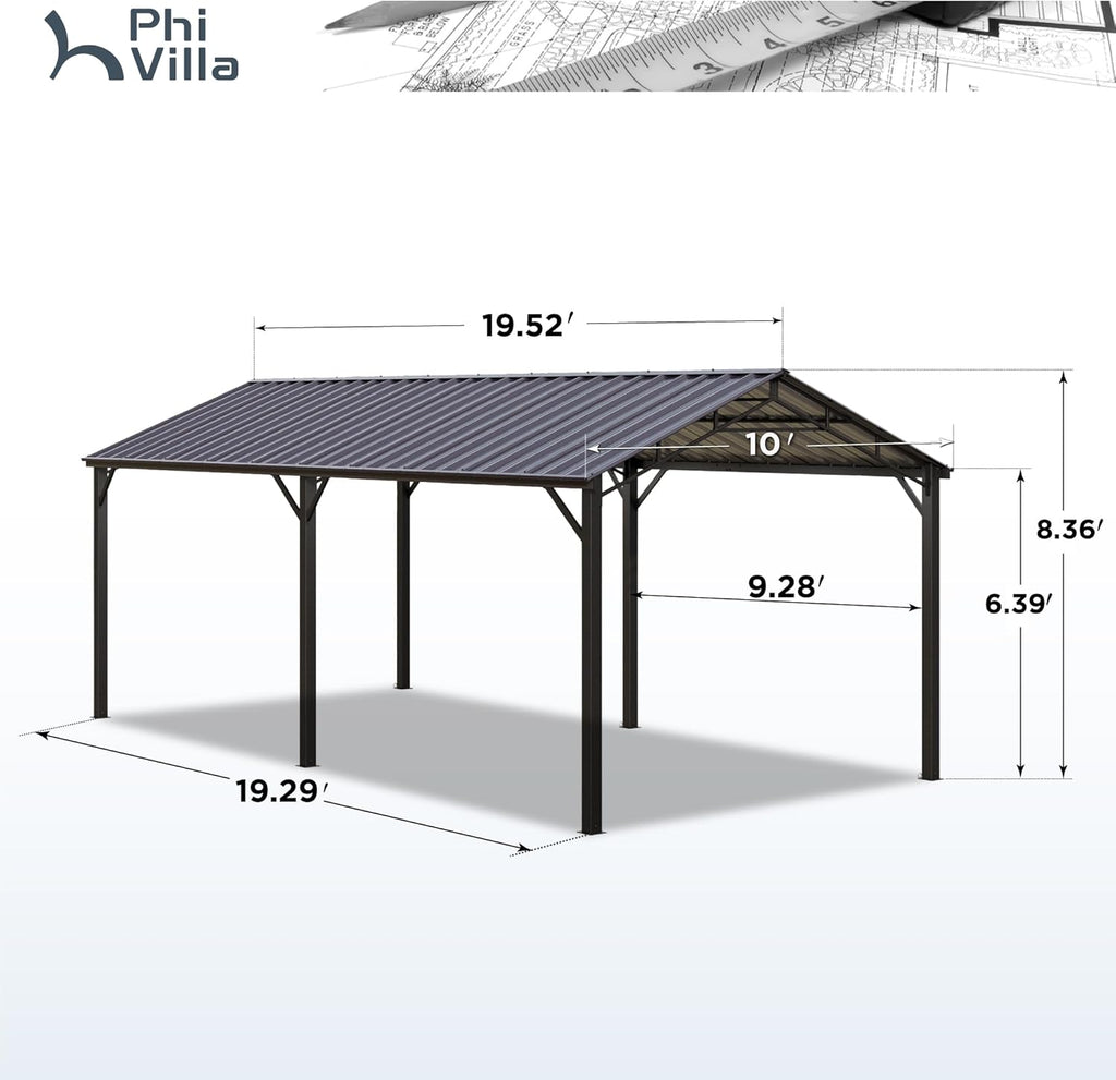 PHI VILLA 10x20 ft Carport, Metal Carports Canopy Heavy Duty Car Port Portable Garage with Galvanized Steel Roof Multi-Use Shelter, Sturdy Outdoor Car Ports for Cars, Boats and Tractors