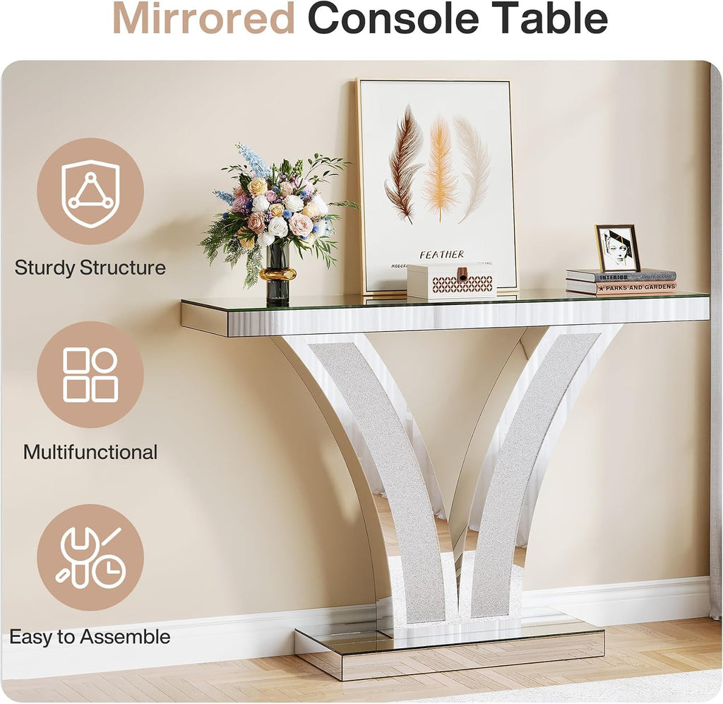 Tribesigns Mirrored Console Table, Modern Sliver Entryway Sofa Table with Crystal Inlay Frames for Living Room, Hallway, Foyer